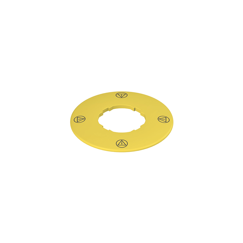 PIZZATO ELETTRICA - Targhetta con foro sagomato, disco giallo Ø 60 mm, scritta: conforme ISO 13850 VE TF32A5113