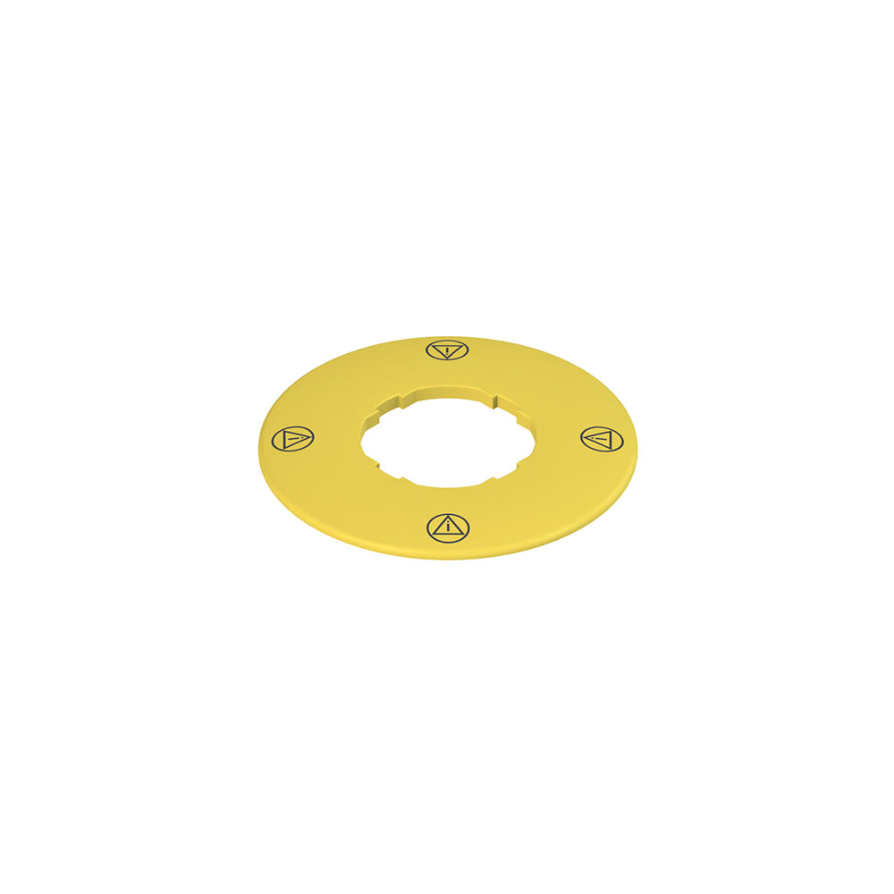 PIZZATO ELETTRICA - Targhetta con foro sagomato, disco giallo Ø 60 mm, scritta: conforme ISO 13850 VE TF32A5113