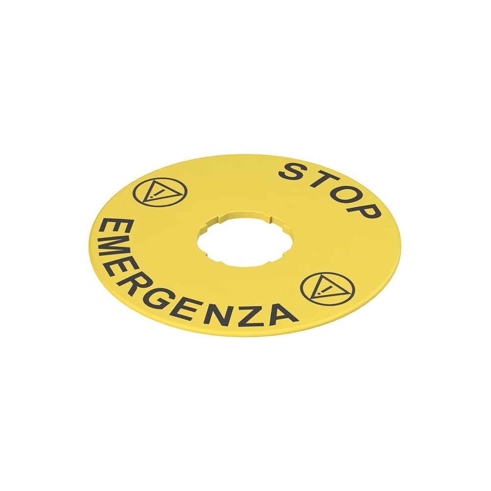 PIZZATO ELETTRICA - Targhetta con foro sagomato, disco giallo ? 90 mm, scritta "STOP EMERGENZA"