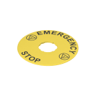 PIZZATO ELETTRICA - Targhetta con foro sagomato, disco giallo ? 90 mm, scritta "EMERGENCY STOP"