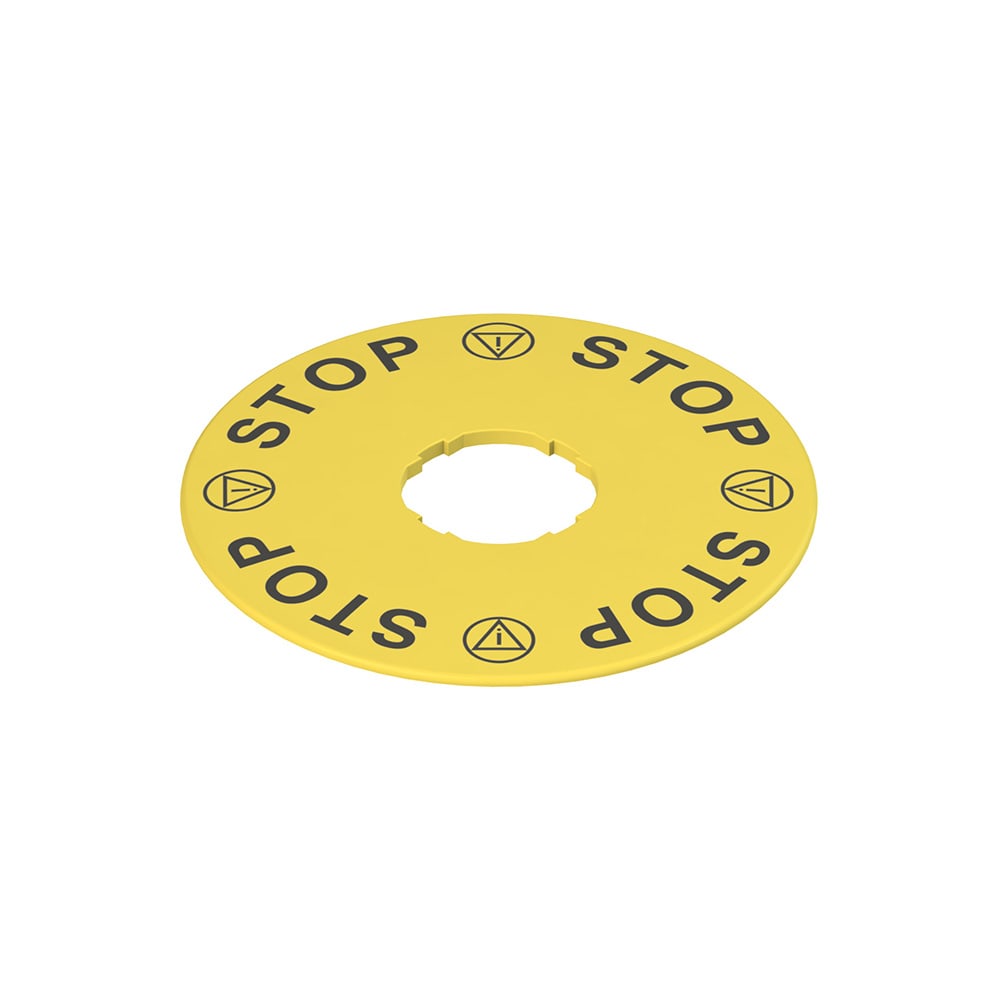 PIZZATO ELETTRICA - Targhetta con foro sagomato, disco giallo ? 90 mm, scritta "STOP - STOP - STOP - STOP"