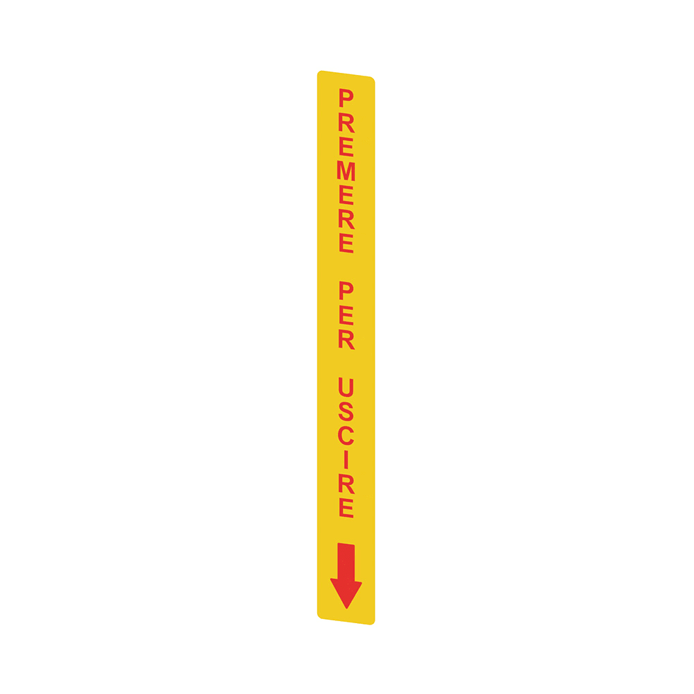PIZZATO ELETTRICA - Adesivo giallo in PC, rettangolare 300x32 mm, scritta rossa "PREMERE PER USCIRE"
