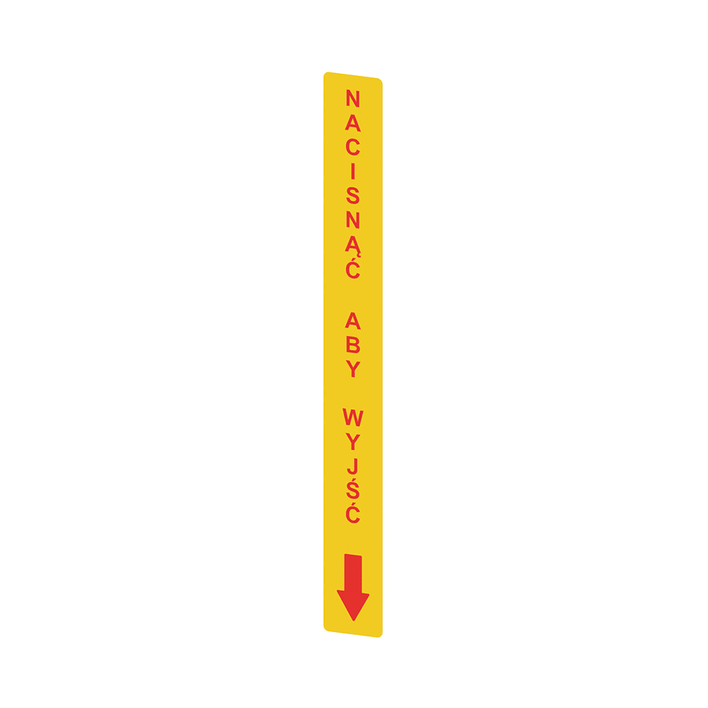 PIZZATO ELETTRICA - Adesivo giallo in PC, rettangolare 300x32 mm, scritta rossa "NACISN?? ABY WYJ??"