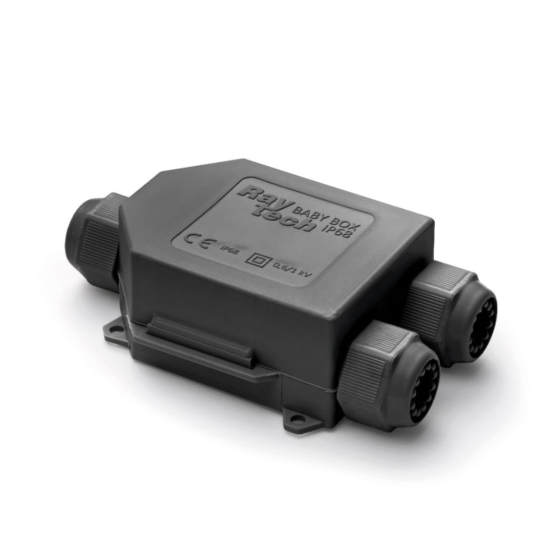 RAYTECH - Cassetta di giunzione pre-riempita in gel con morsettiera integrata e pressacavi per cavi pentapolari fino a 16 mm, Baby Box IP68 nera.