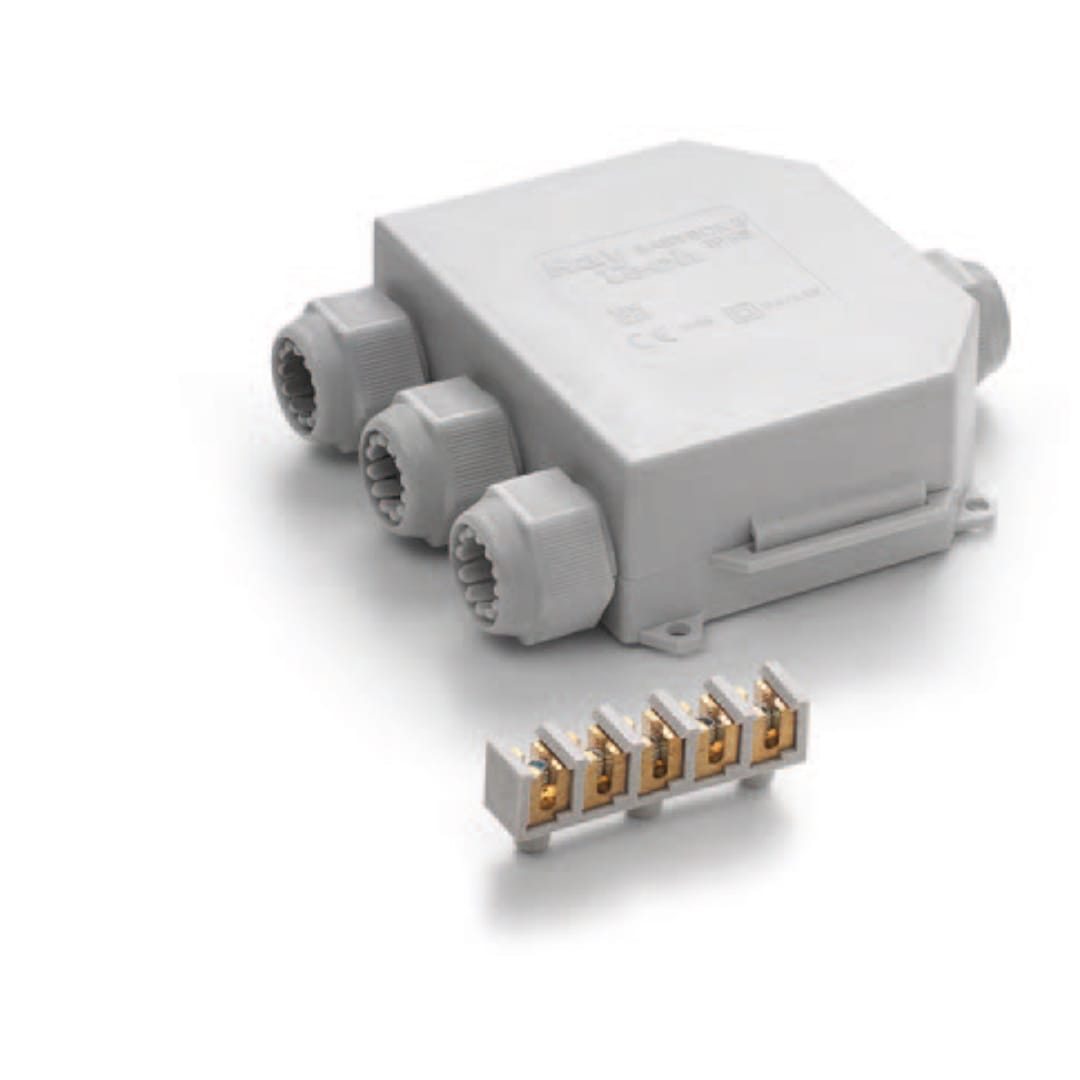 RAYTECH - Cassetta di giunzione Baby Box 3 IP68 pre-riempita in gel, con morsettiera integrata e pressacavi per cavi pentapolari fino a 18 mm o tubi diametro 16/20 mm.