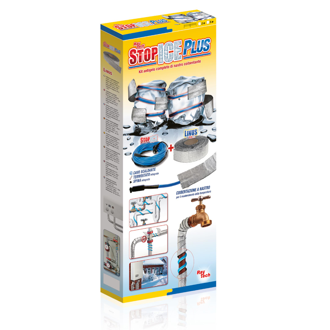 RAYTECH - Cavo scaldante antigelo STOP ICE PLUS 5 con spina, termostato e nastro coibentante 12 W/m 5 m, kit completo potenza costante.