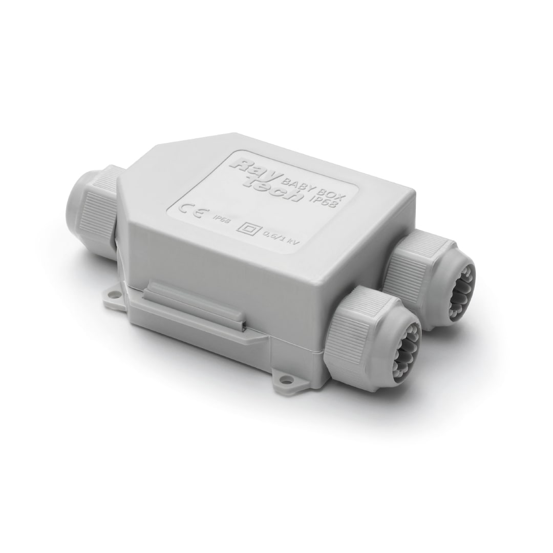 RAYTECH - La cassetta di giunzione a 4 ingressi pre-riempita in gel, completa di morsettiera integrata e pressacavi per cavi pentapolari fino a 16 mm. BABYBOX