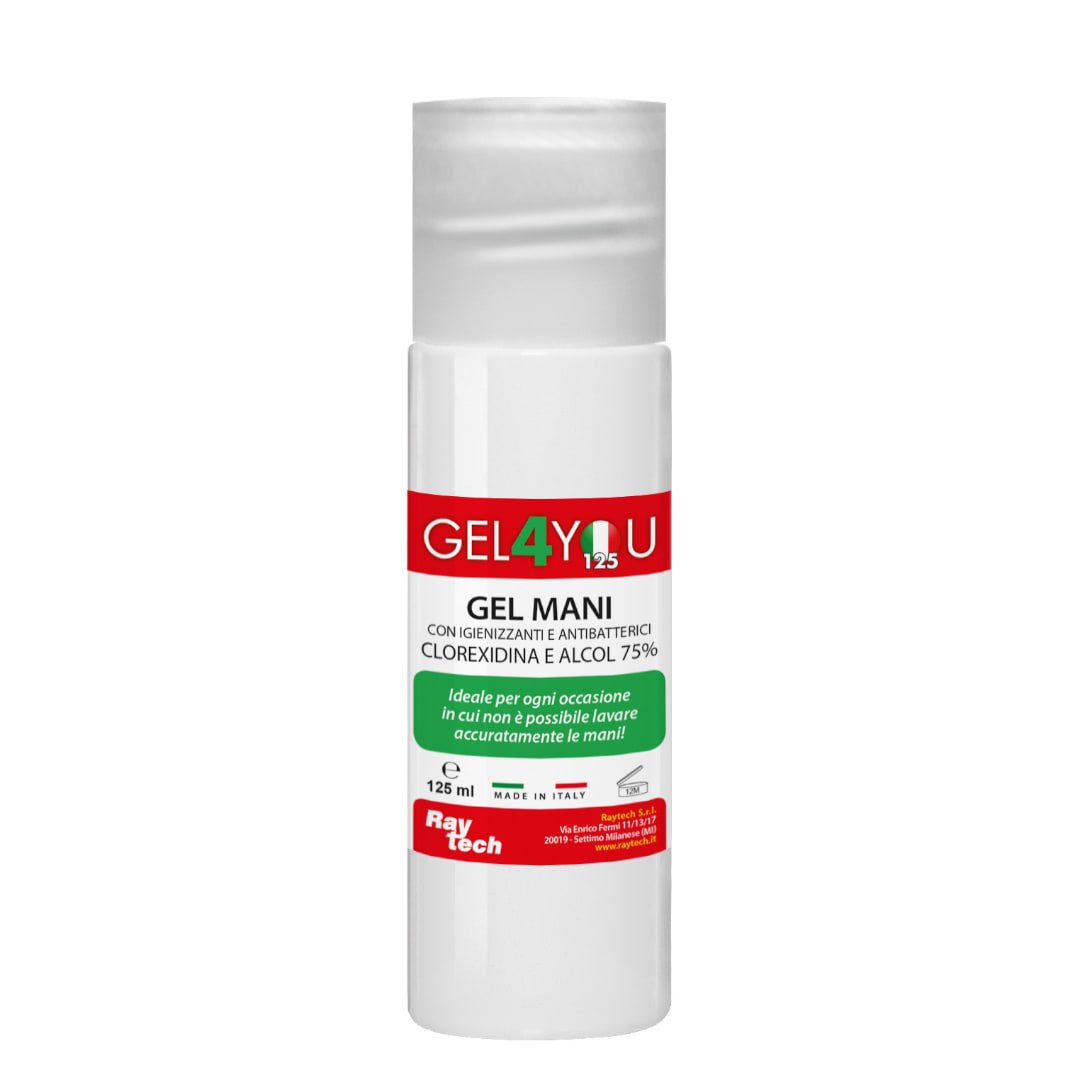 RAYTECH - GEL4YOU 125ML GEL MANI IGIENIZZANTE - Gel mani igienizzante a base alcolica in flacone da 125 ml con tappo push-on. GEL4YOU-125
