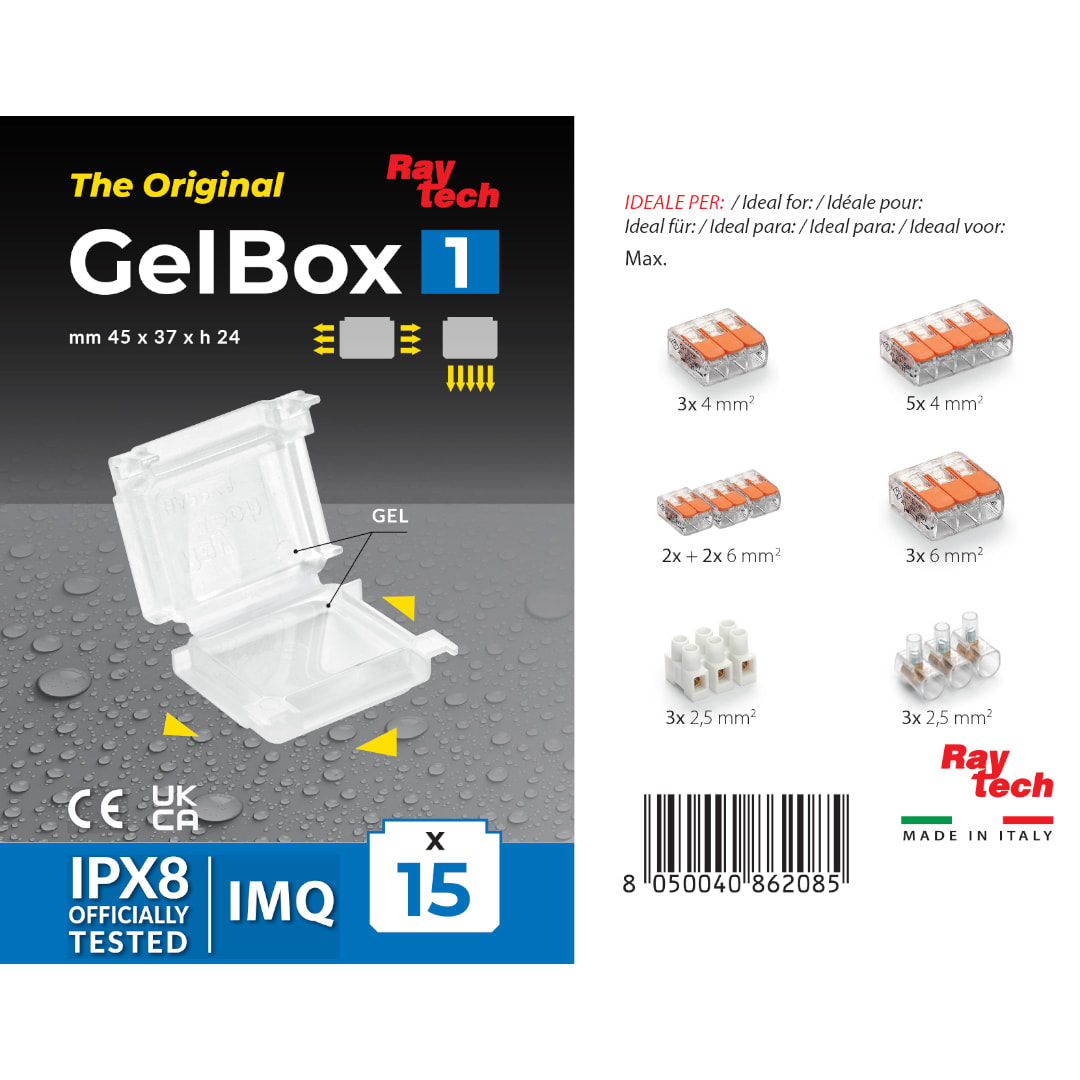 RAYTECH - GELBOX 1 (Confezione da 15 PZ.) - Accessorio IPX8 preriempito in gel per morsetti tensione 450/750 V GELBOX1