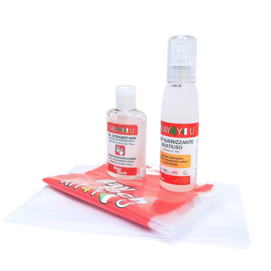 RAYTECH - KIT composto da SPRAY IGIENIZZANTE MULTIUSO 125 ml e  GEL MANI IGIENIZZANTE 80 ml, CON ALCOL 70% 80 ml