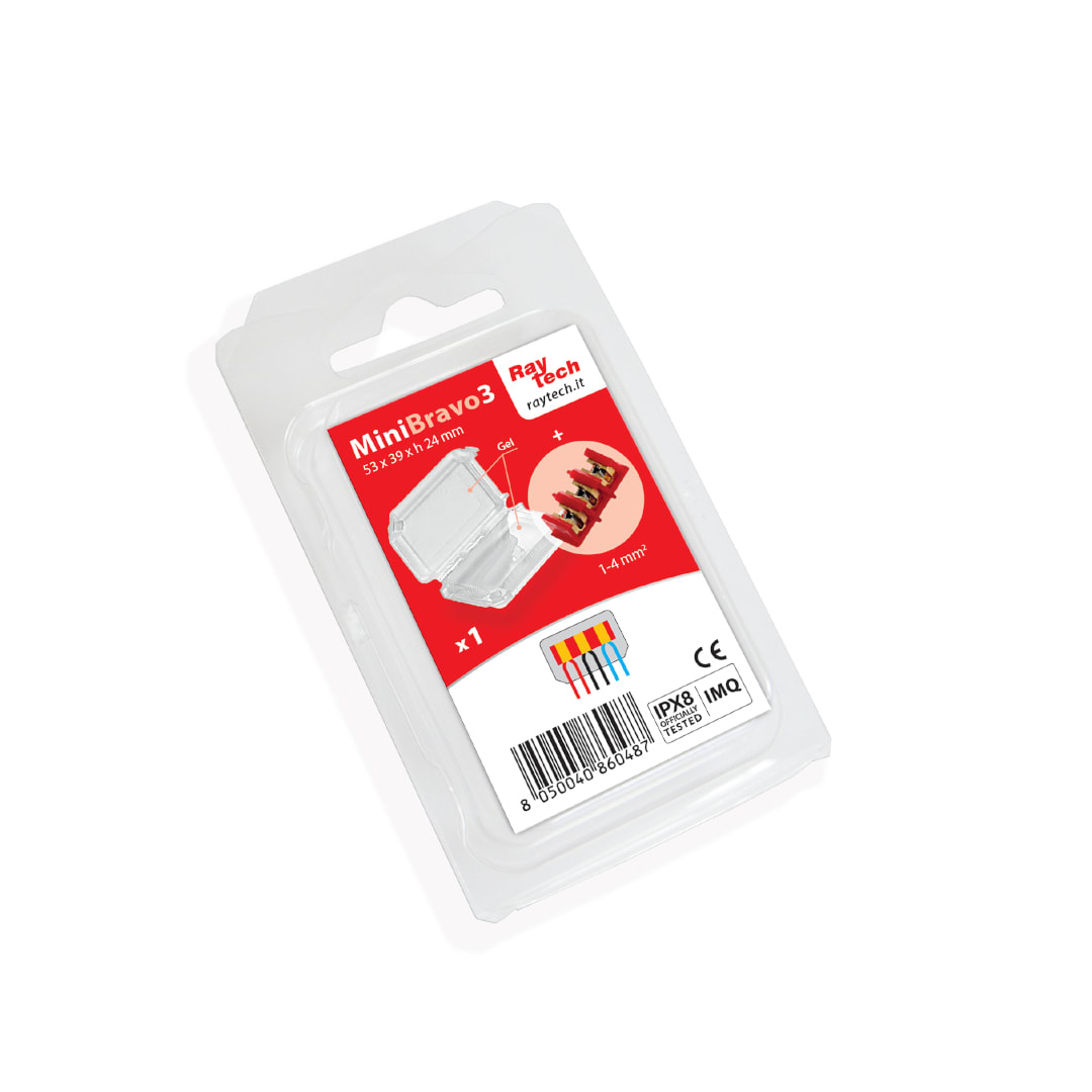 RAYTECH - MINI BRAVO 3 (Confezione da 1 PZ.) - Accessorio IPX8 preriempito in gel con morsetti tensione 450/750 V