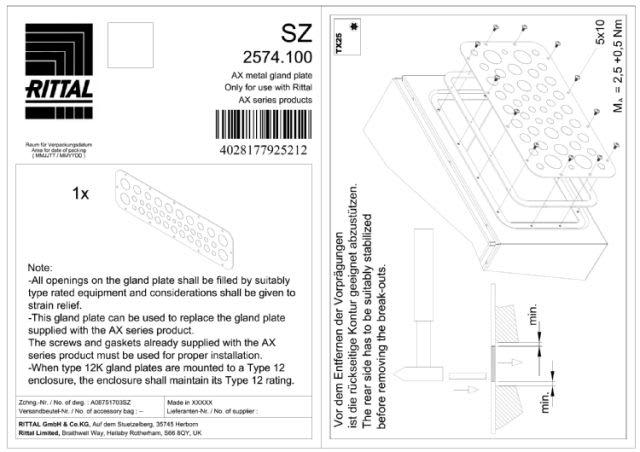 RITTAL - SZ Flangia metallica, per AX, con fori pretranciati a passo metrico, LP: 534x149 mm