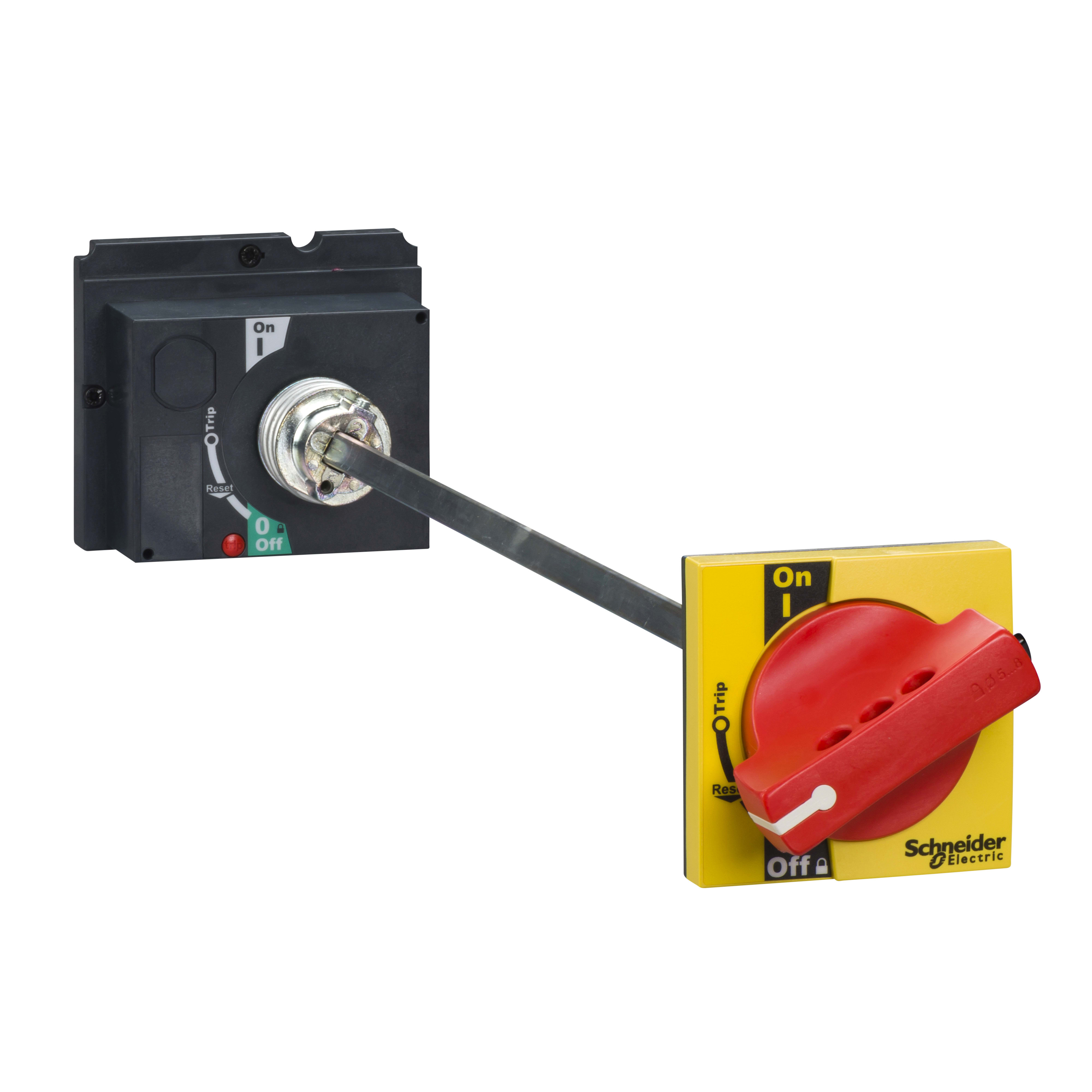 SCHNEIDER ELECTRIC - Manovra rotativa rinviata, ComPact NSX 100-160-250, manovra rossa su fronte giallo, lunghezza albero da 185 mm a 600 mm, IP55
