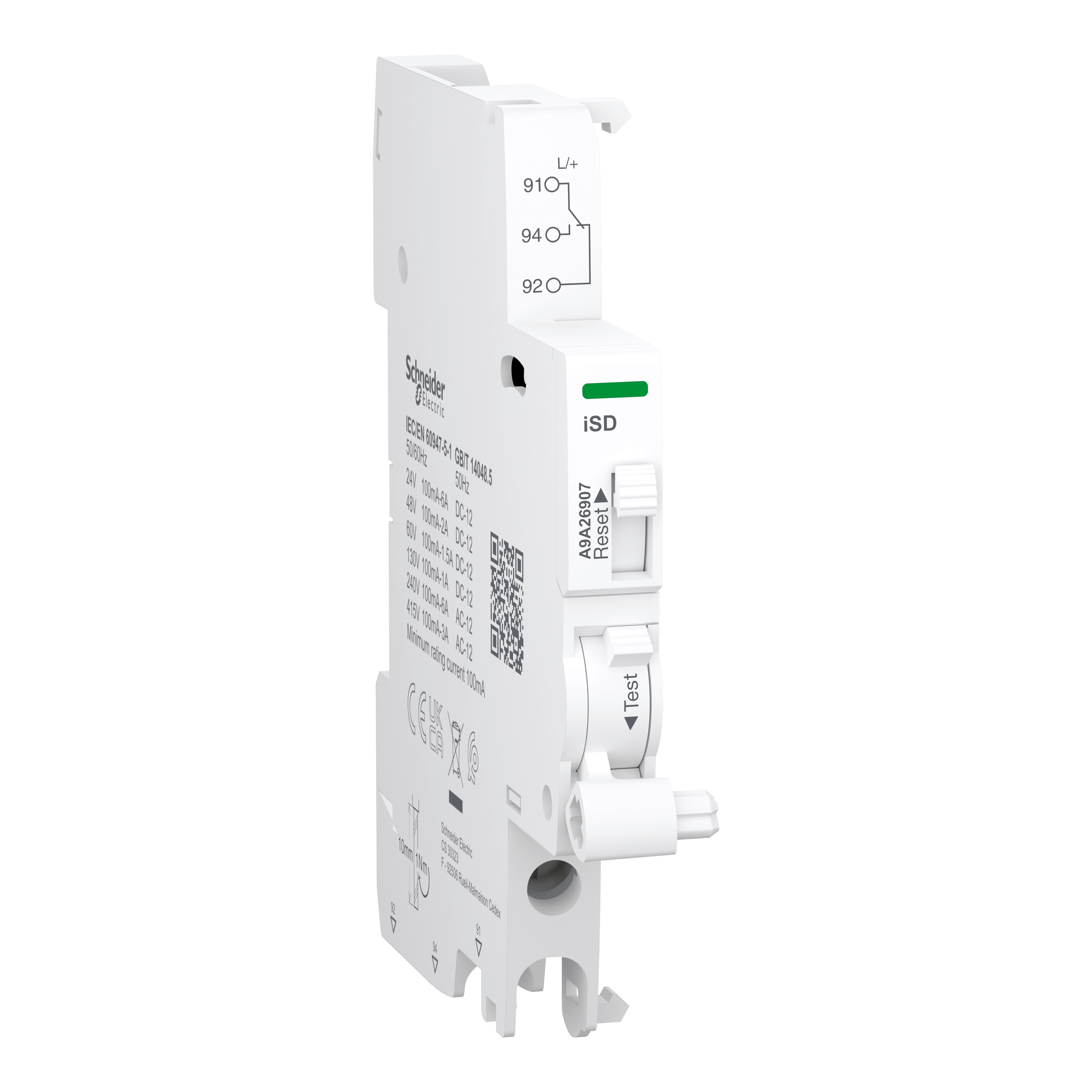 SCHNEIDER ELECTRIC - Contatto ausiliario Acti9 iSD per iC40-C60-iID-iSW-NA-RCA, 100mA to 6A, connessione dal basso