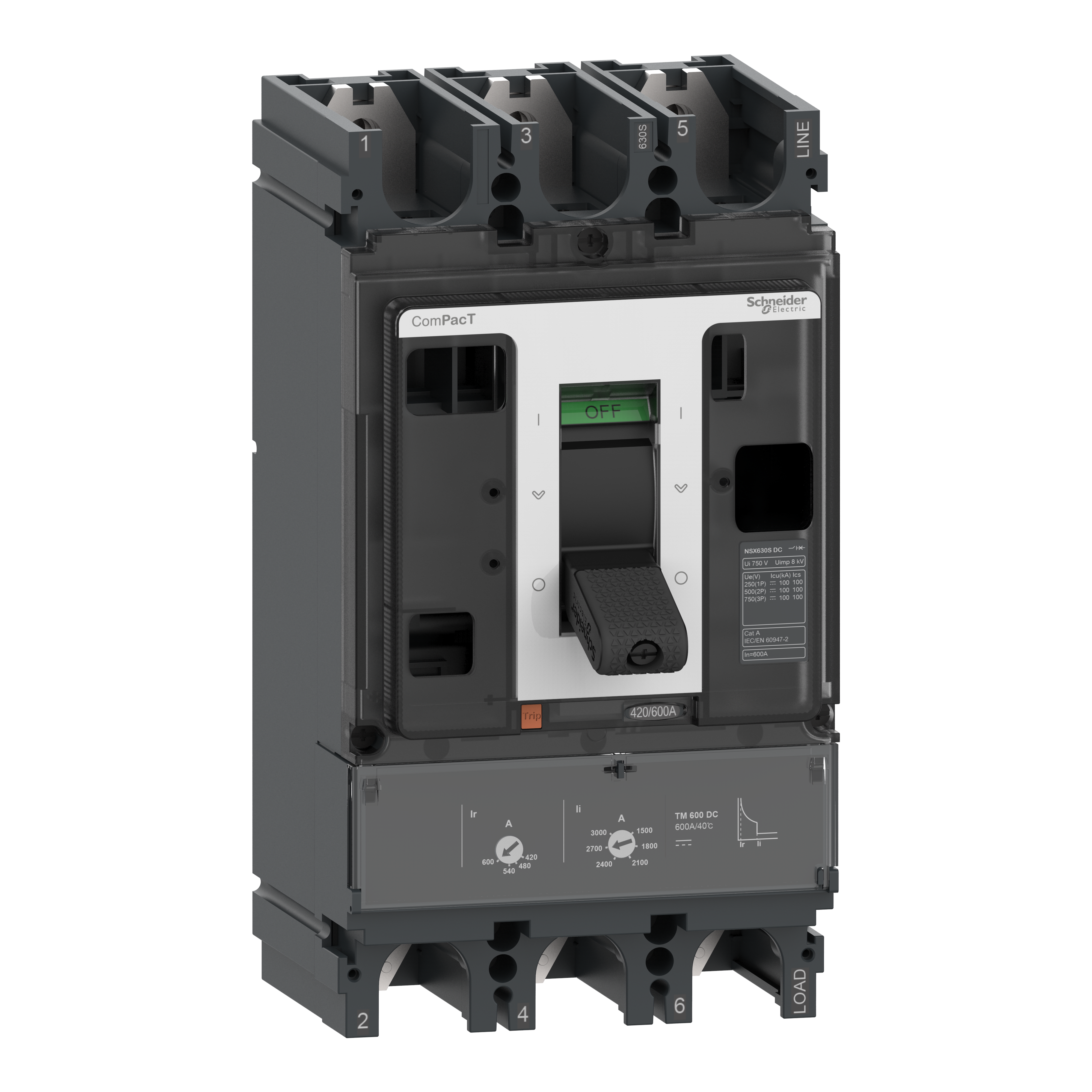 SCHNEIDER ELECTRIC - Interruttore, ComPacT NSX600F DC, 36kA-750VDC, 3 poli, Sganciatore TM-DC 600A