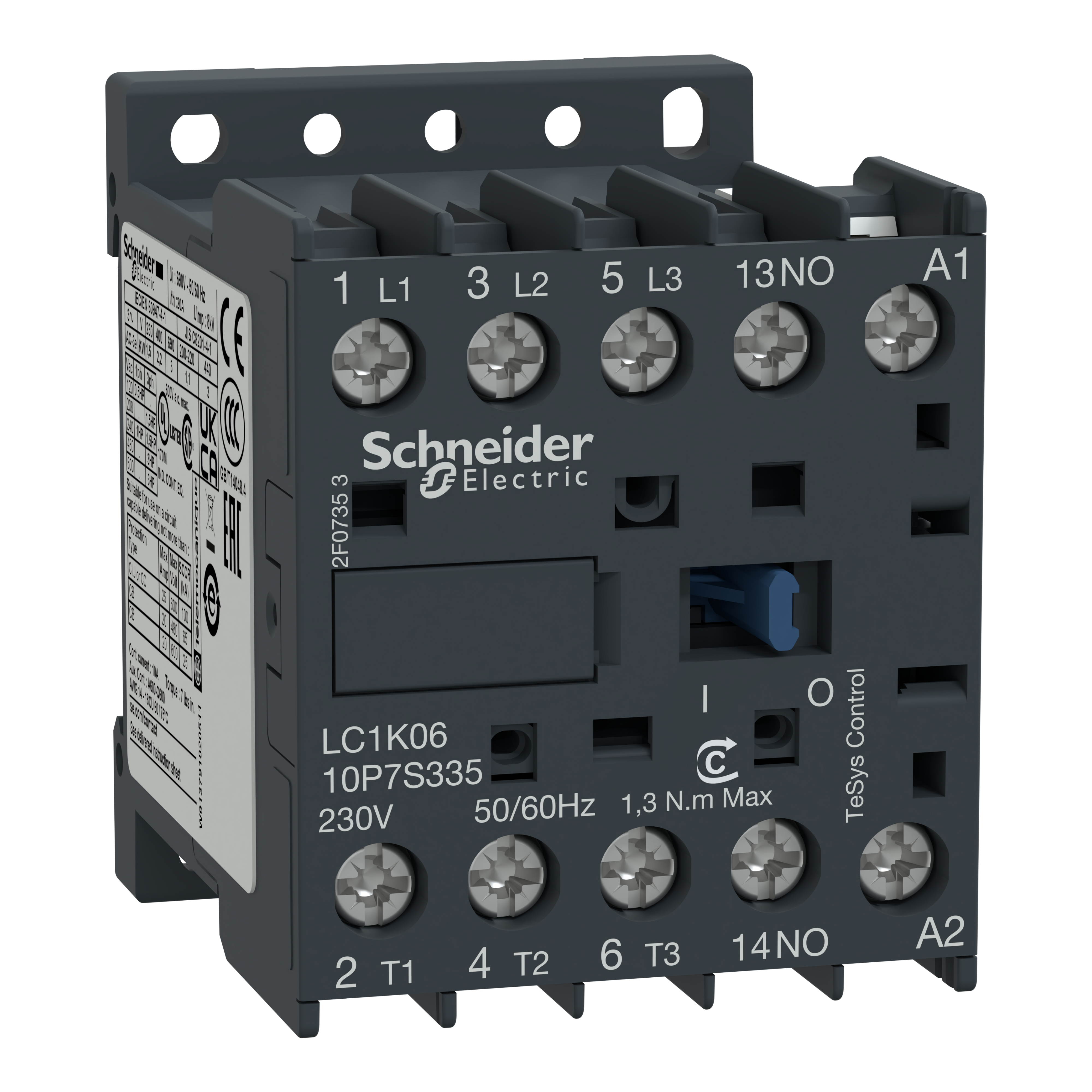 SCHNEIDER ELECTRIC - TeSys K contactor - 3P - AC-3 <.lt->= 440 V 6 A - 1 NO aux. - 230 V AC coil