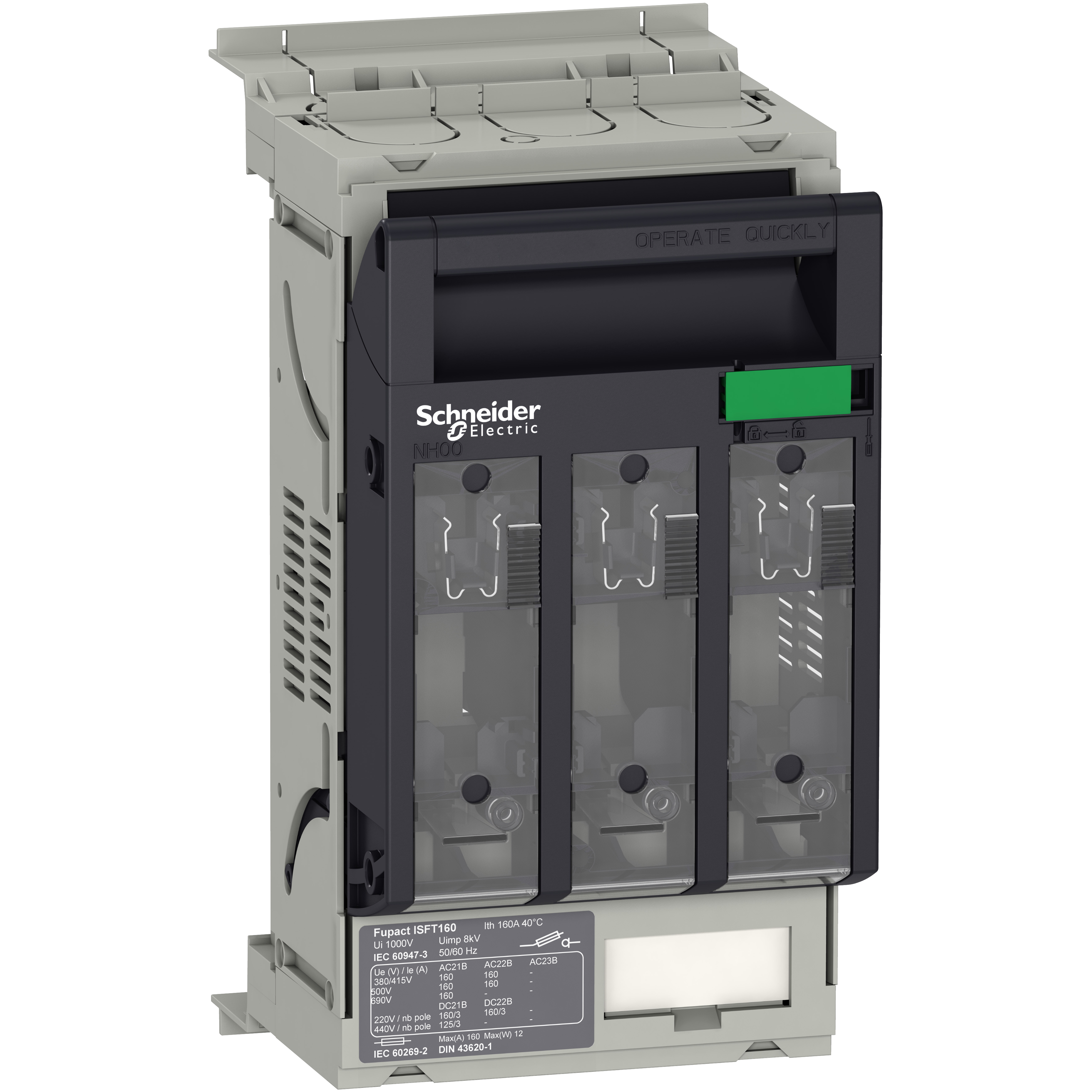 SCHNEIDER ELECTRIC - Interruttore-sezionatore con fusibili, FuPact, FuPacT ISFT160, 160A, DIN NH00, 3 poli, mont. aggancio 60mm