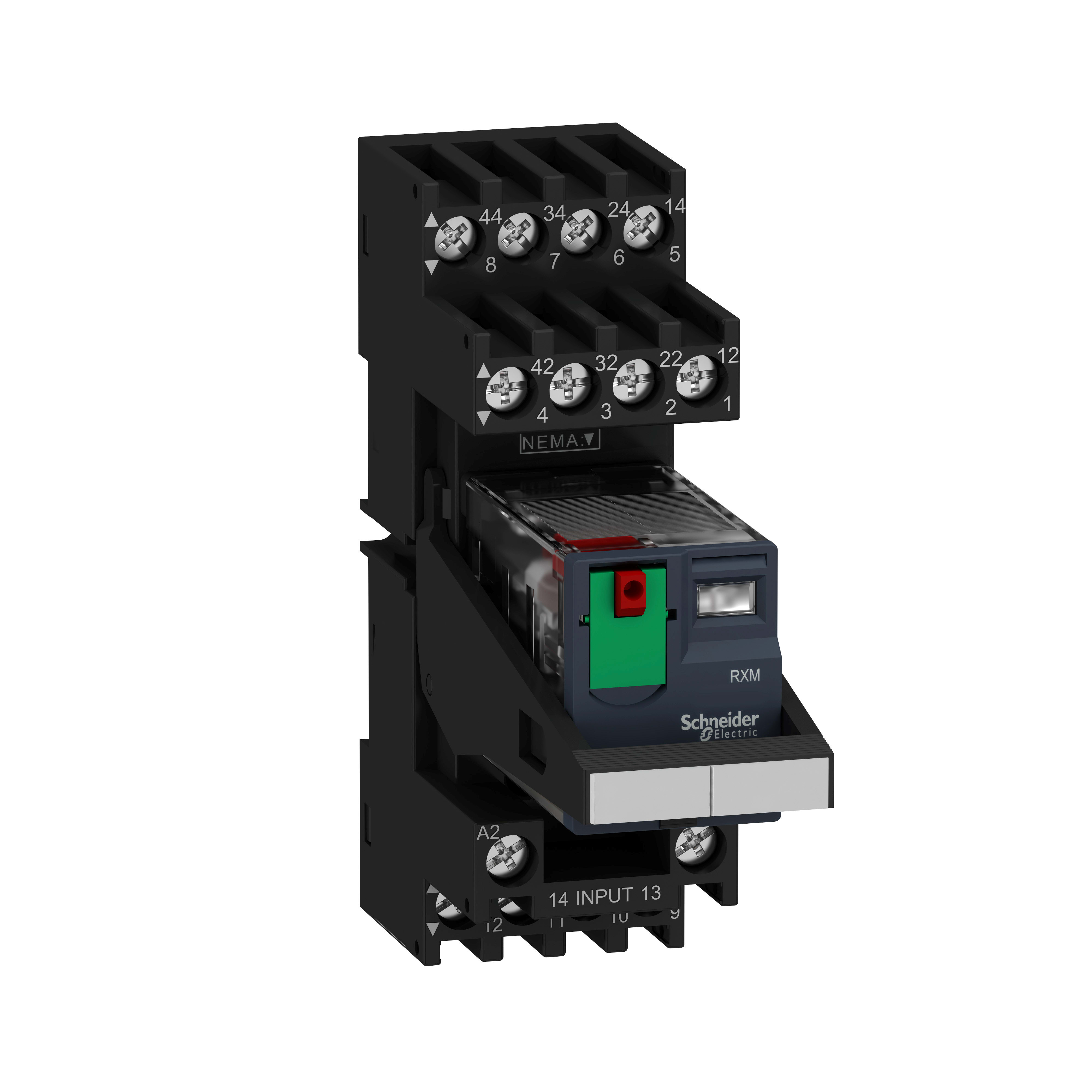 SCHNEIDER ELECTRIC - Relè RXM-pulsante test+LED pre-montato-base contatti misti-2NC-NO 10A 24Vca