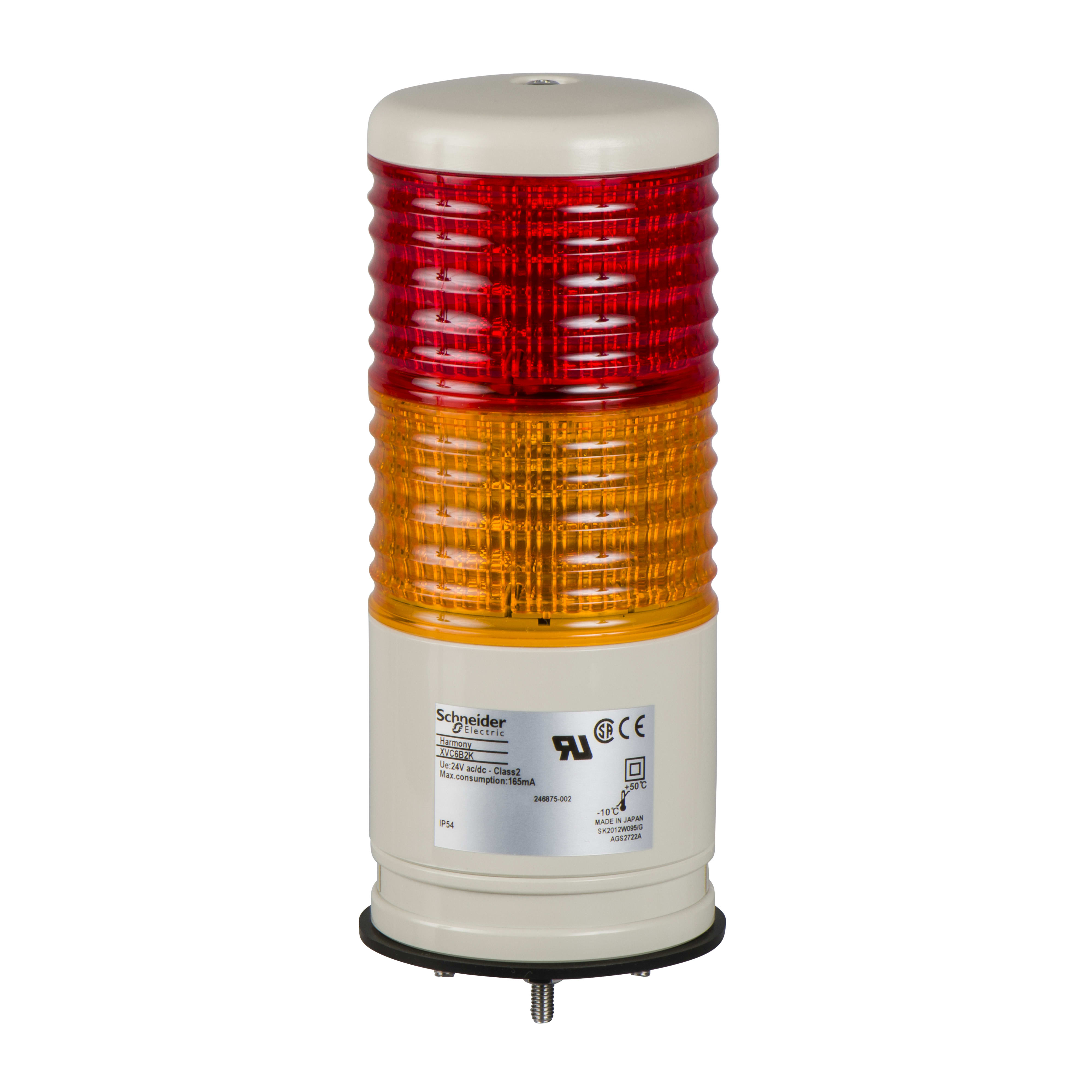 SCHNEIDER ELECTRIC - Harmony XVC, Colonna luminosa monoblocco precablata,plastica,rosso aranc.,diametro 60,montaggio su base, luce fissa-lampeg.,con buzzer70..85 dB, IP54,24VAC-DC