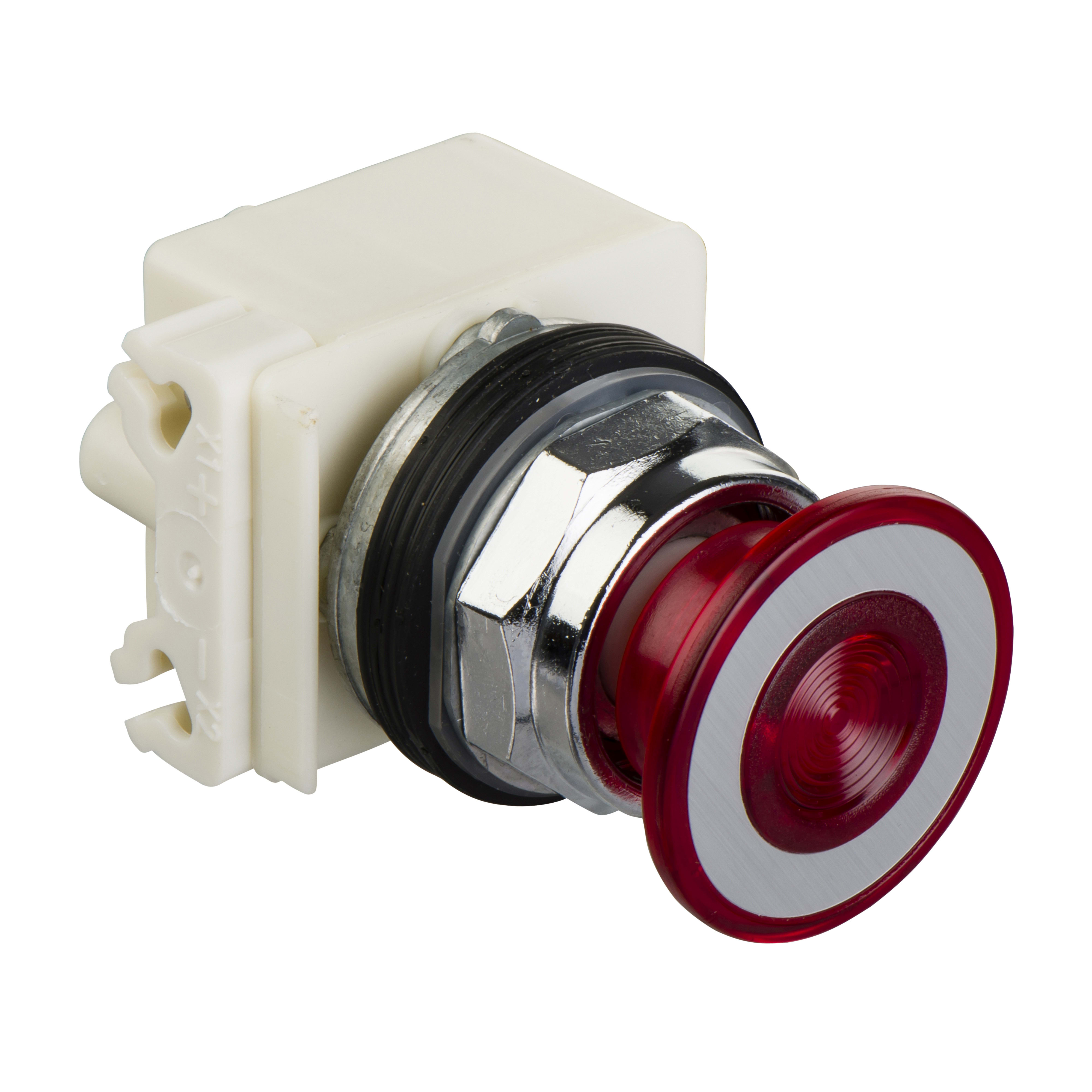 SCHNEIDER ELECTRIC - Testa pulsante luminoso, Harmony 9001K, metallo, fungo 41mm, rosso, 30mm, 2 posizioni, premere-tirare, LED rosso, 24V