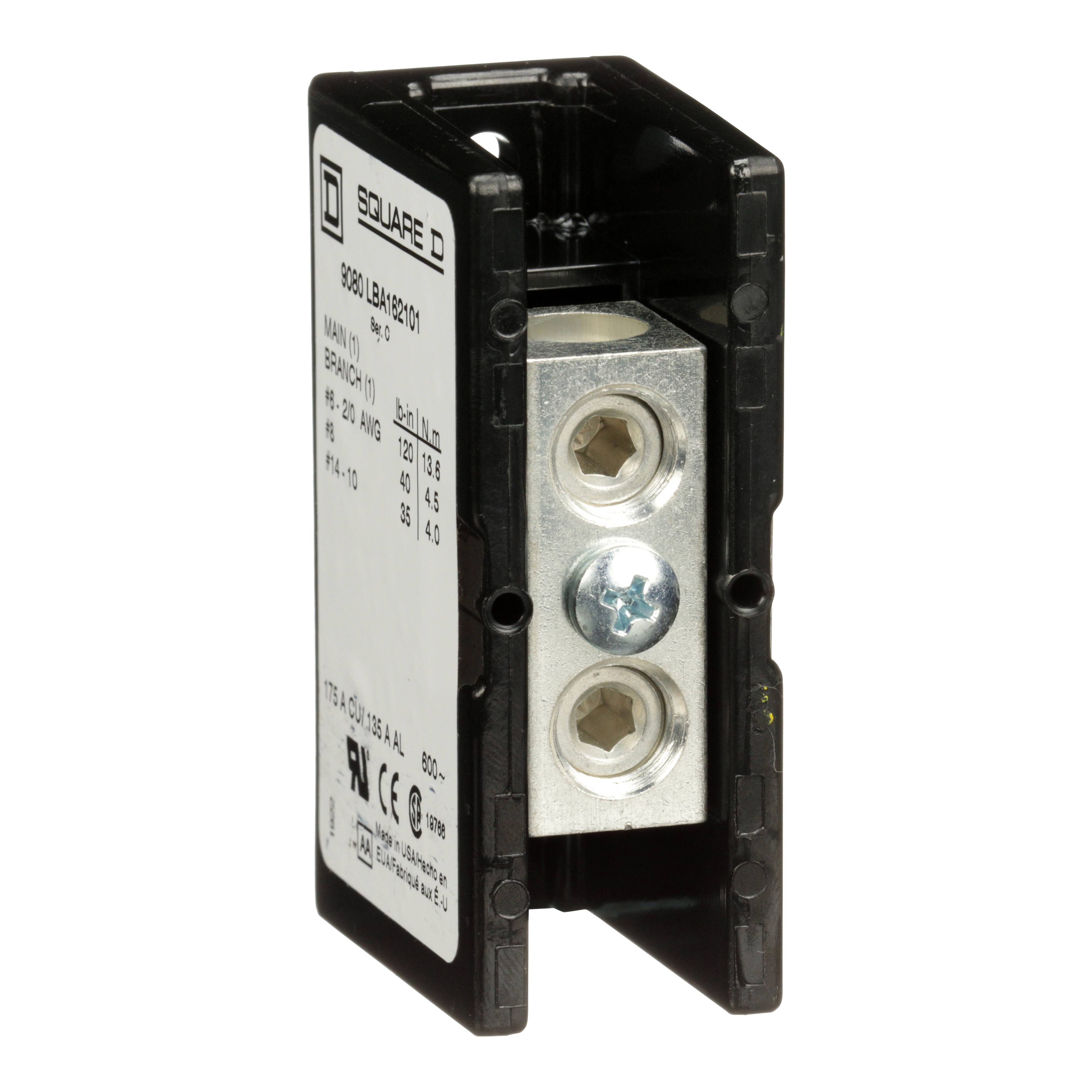SCHNEIDER ELECTRIC - Power Distribution Block 1 Pole 1 Line 1 Load 600V 175A CU / 600V 135A AL 9080LBA162101