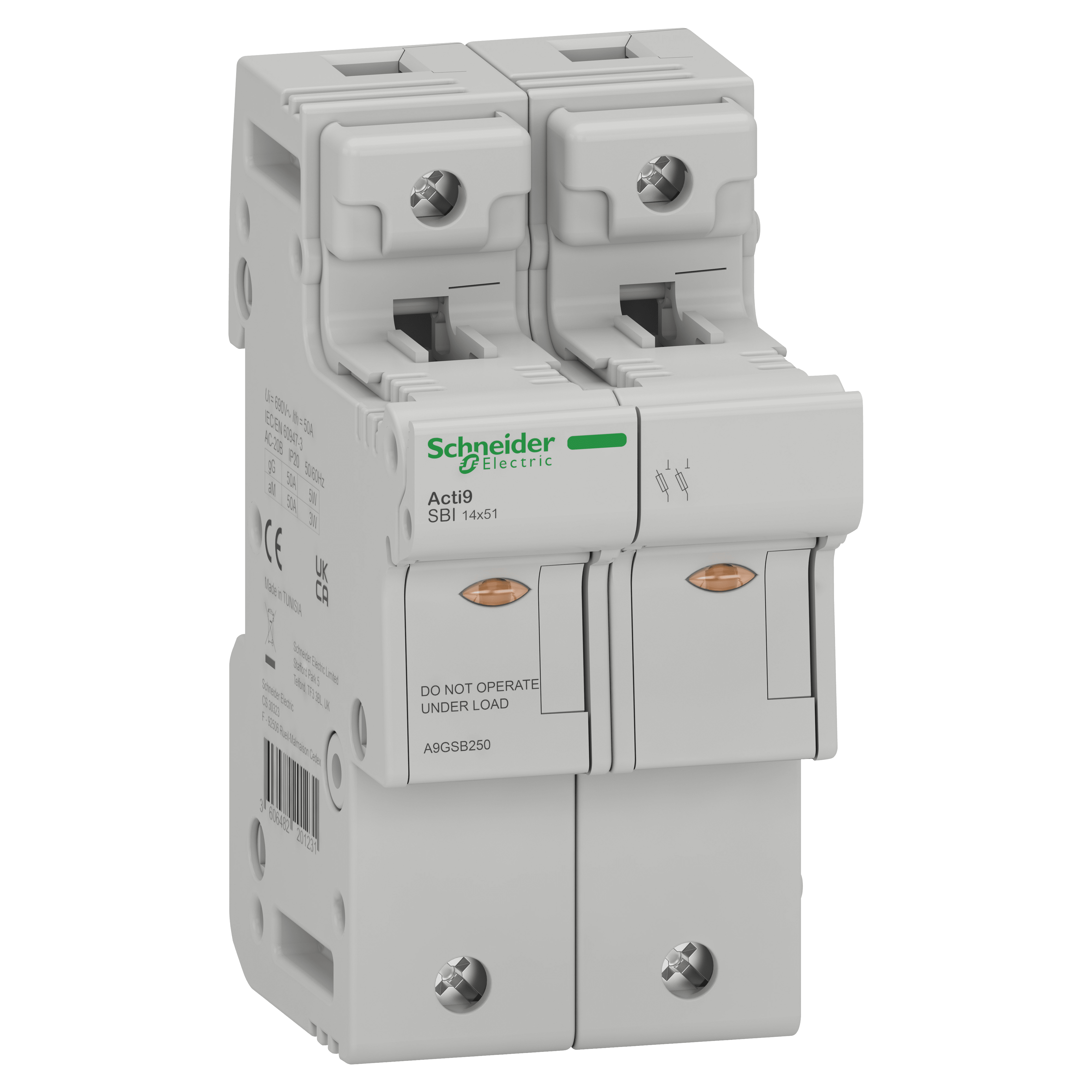 SCHNEIDER ELECTRIC - Sezionatore Acti9 SBI, 2P, 50 A, per fusibile 14 x 51 mm A9GSB250