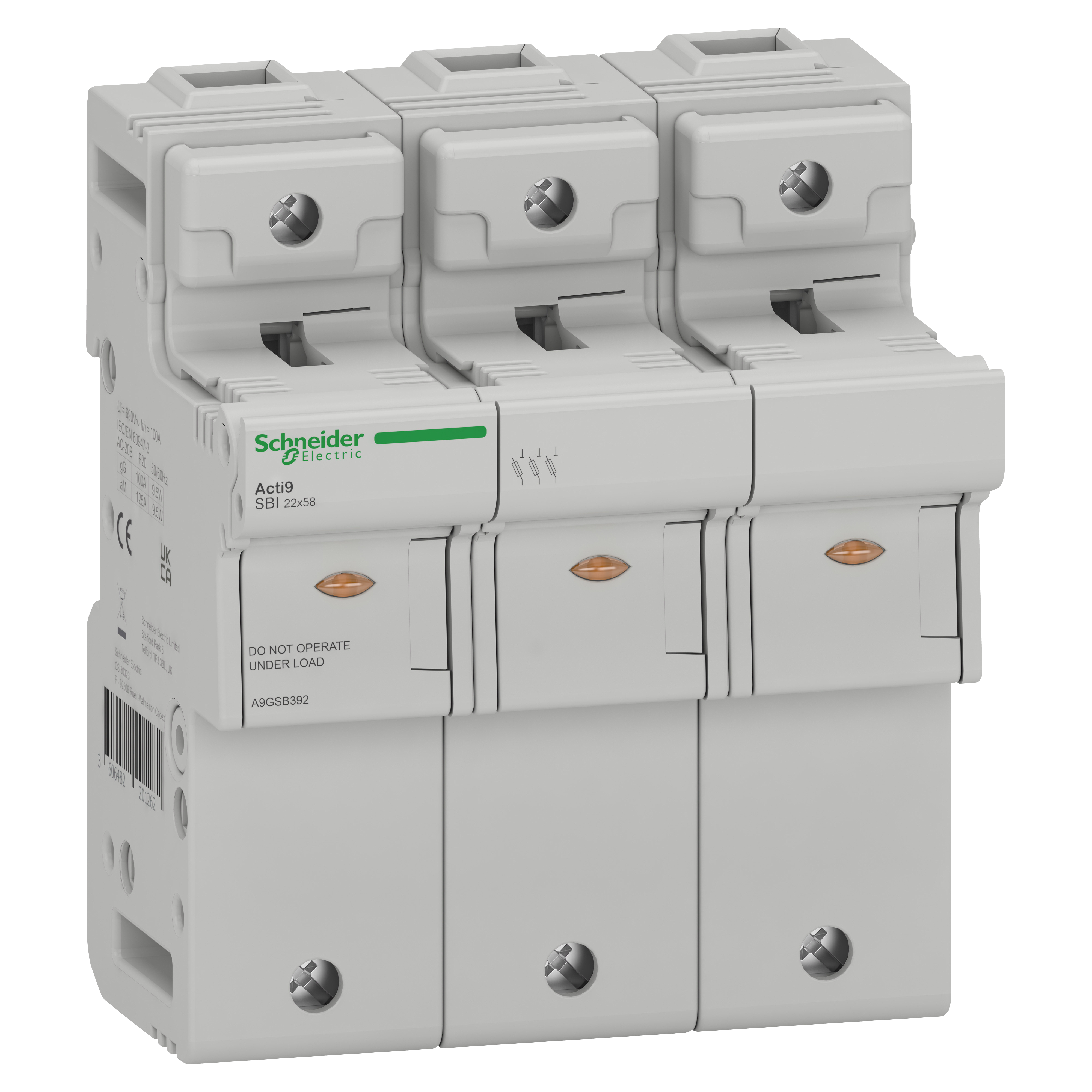 SCHNEIDER ELECTRIC - Sezionatore Acti9 SBI, 3P, 125 A, per fusibile 22 x 58 mm A9GSB392