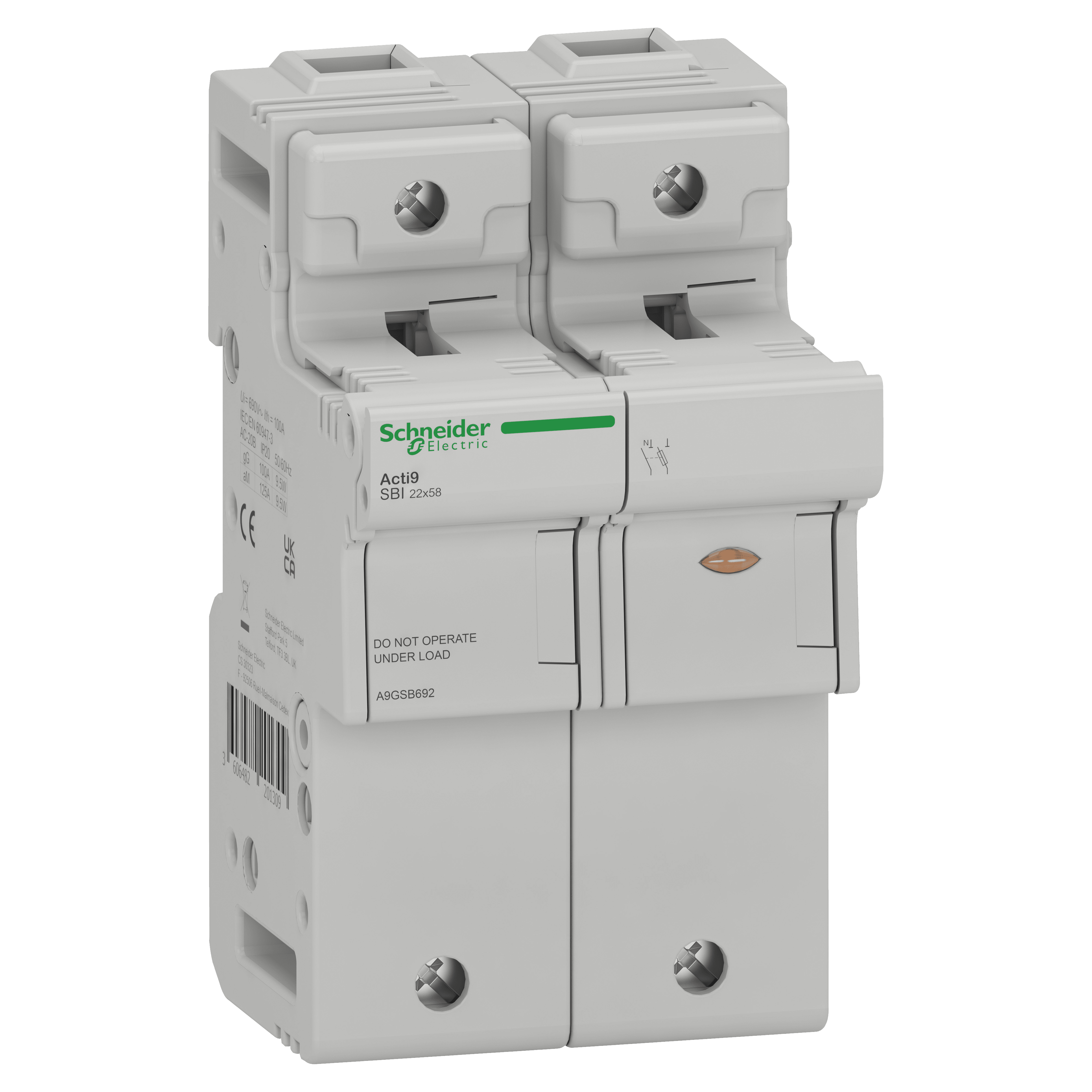 SCHNEIDER ELECTRIC - Sezionatore Acti9 SBI, 1P+N, 125 A, per fusibile 22 x 58 mm A9GSB692