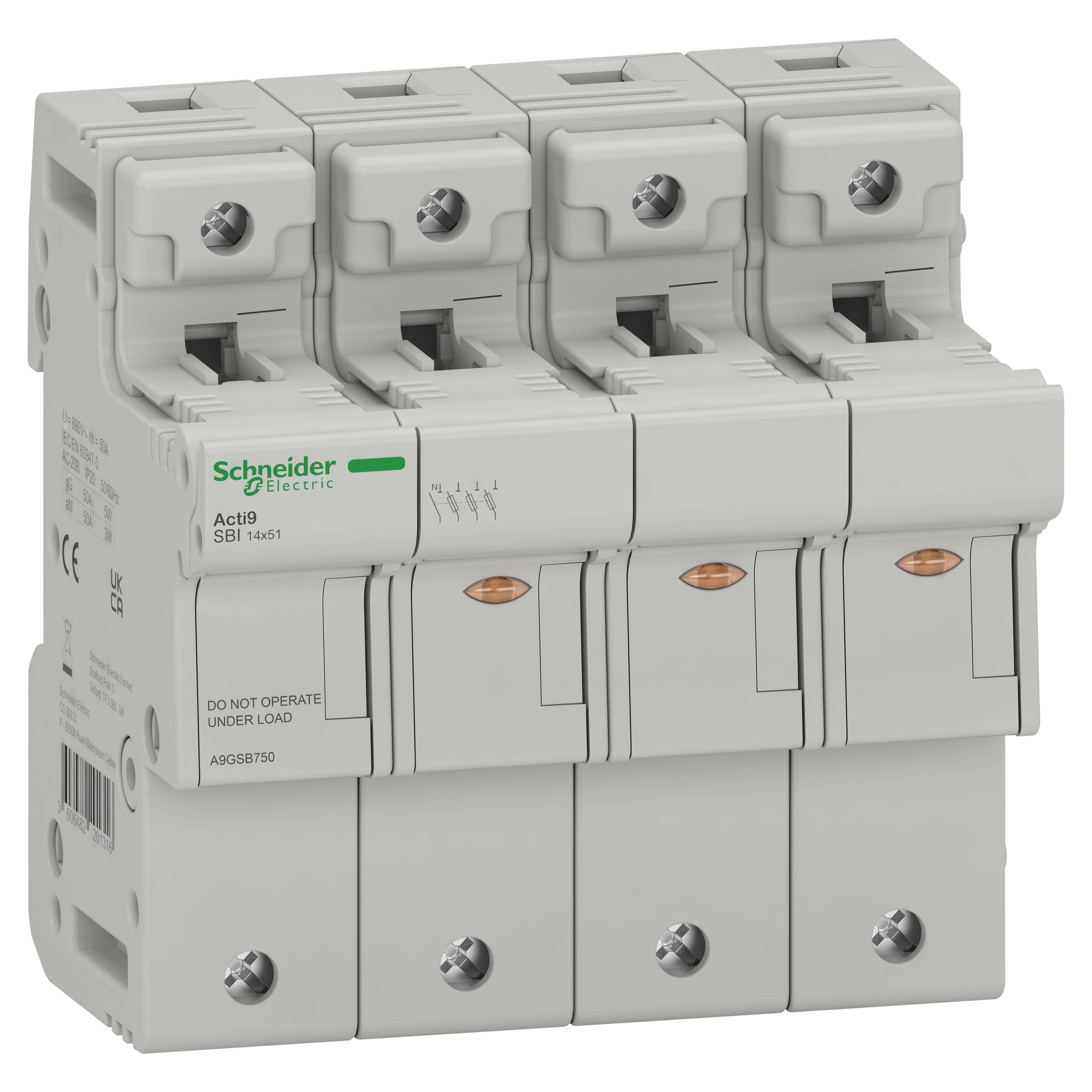SCHNEIDER ELECTRIC - Sezionatore Acti9 SBI, 3P+N, 50 A, per fusibile 14 x 51 mm A9GSB750