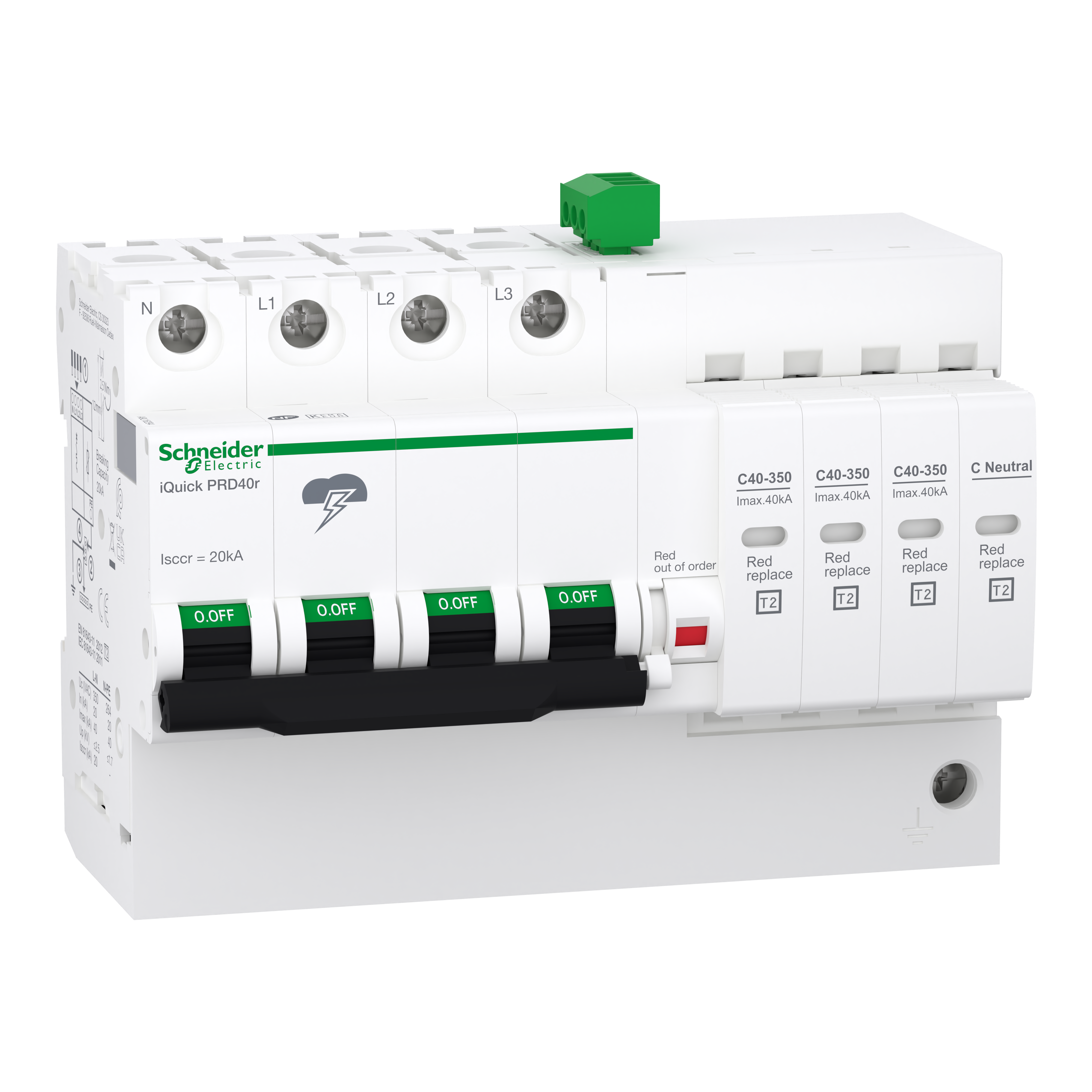 SCHNEIDER ELECTRIC - Scaricatore, Acti9, iQuick PRD, 3P+N, 20kA, Imax 40kA, cartuccia estraibile, Tipo 2, TN-S, TT A9L16294