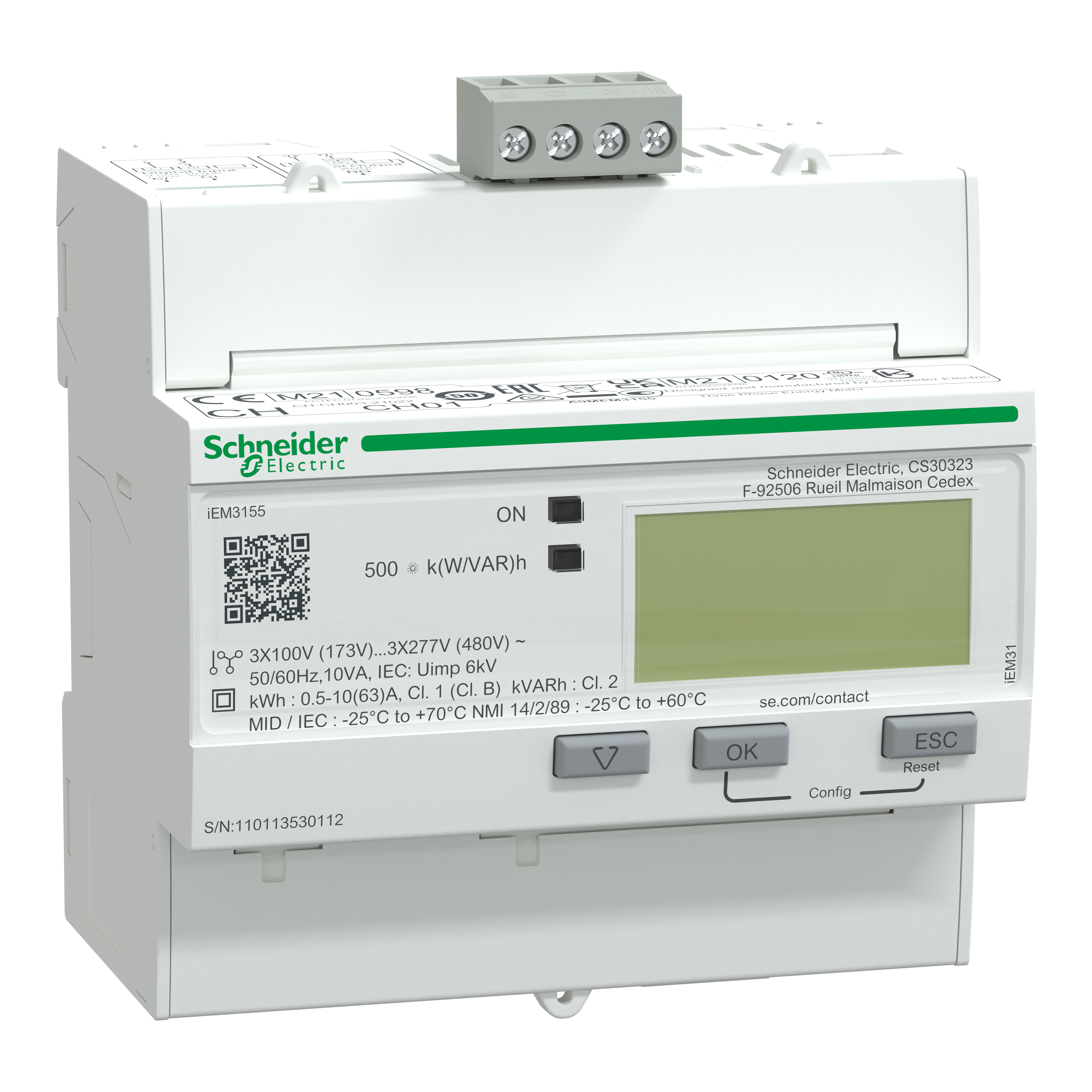 SCHNEIDER ELECTRIC - Contatore energia iEM3155 - 3P+N - inserzione diretta 63A - Modbus 1DI+1DO -MID A9MEM3155