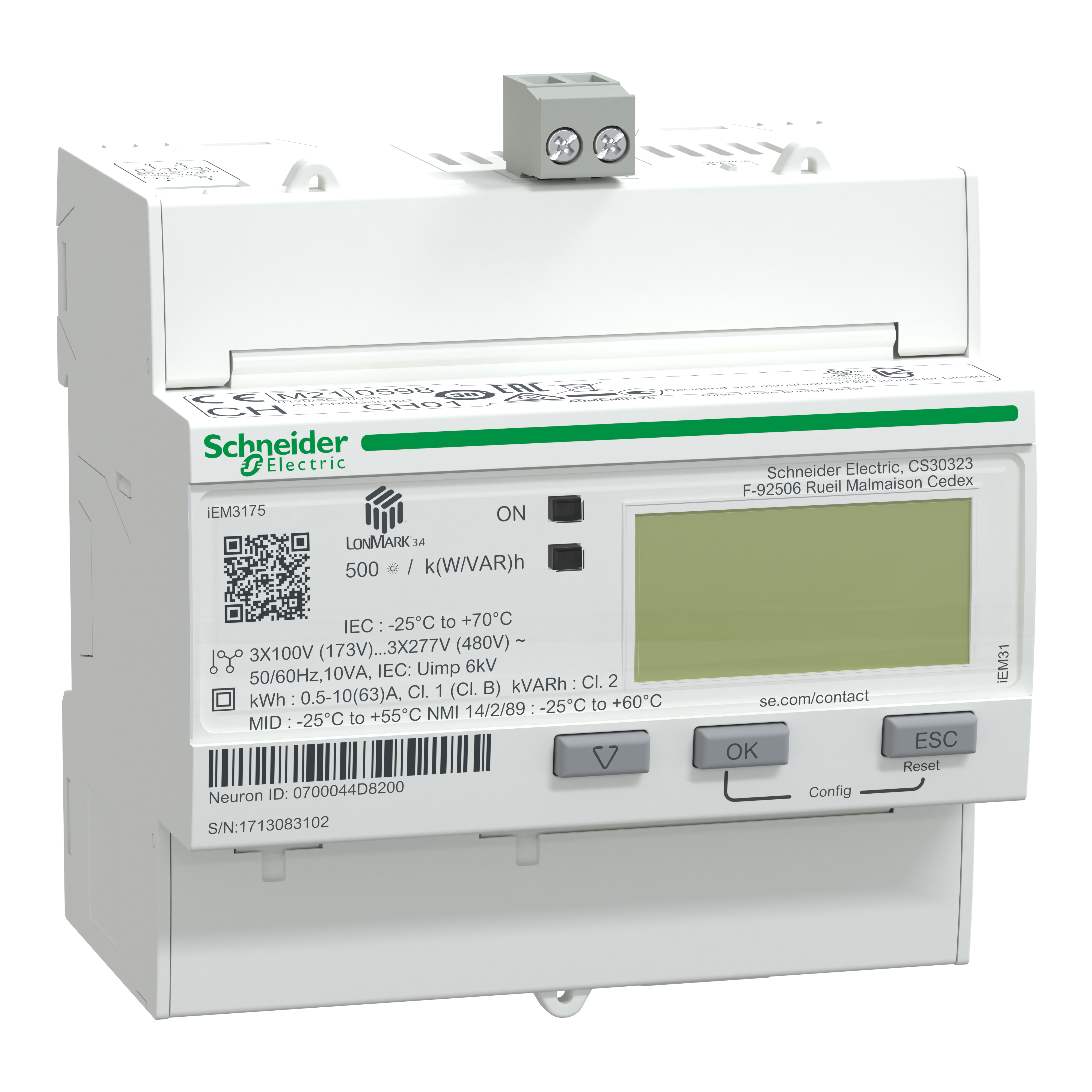 SCHNEIDER ELECTRIC - Contatore energia iEM3175 - 3P+N -inserzione diretta 63A - LON - MID