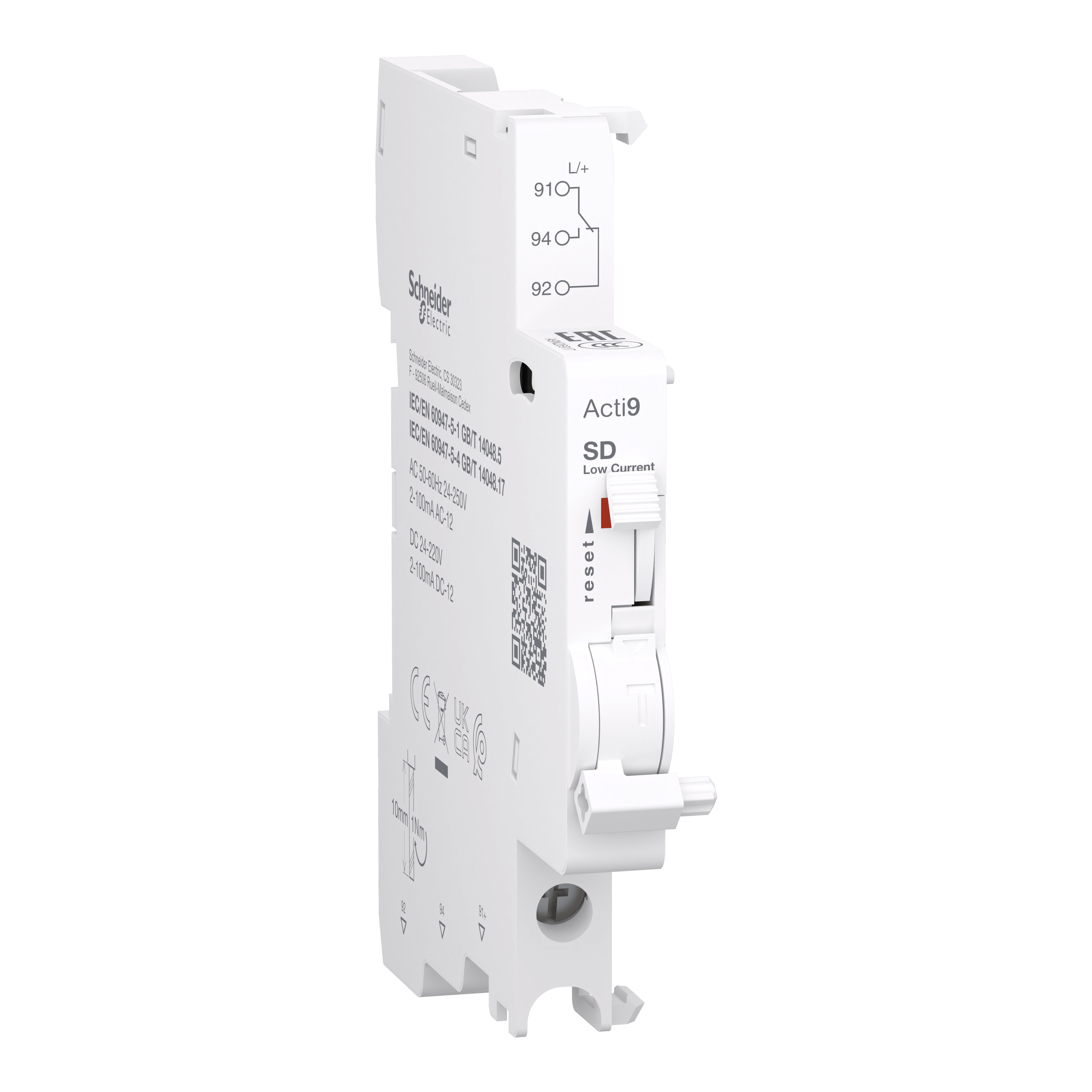 SCHNEIDER ELECTRIC - Contatto ausiliario Acti9&nbsp;SD&nbsp;per C120, C60H-DC, C60PV-DC, C60NA-DC, SW60-DC, 2mA to 100mA, connessione dal basso