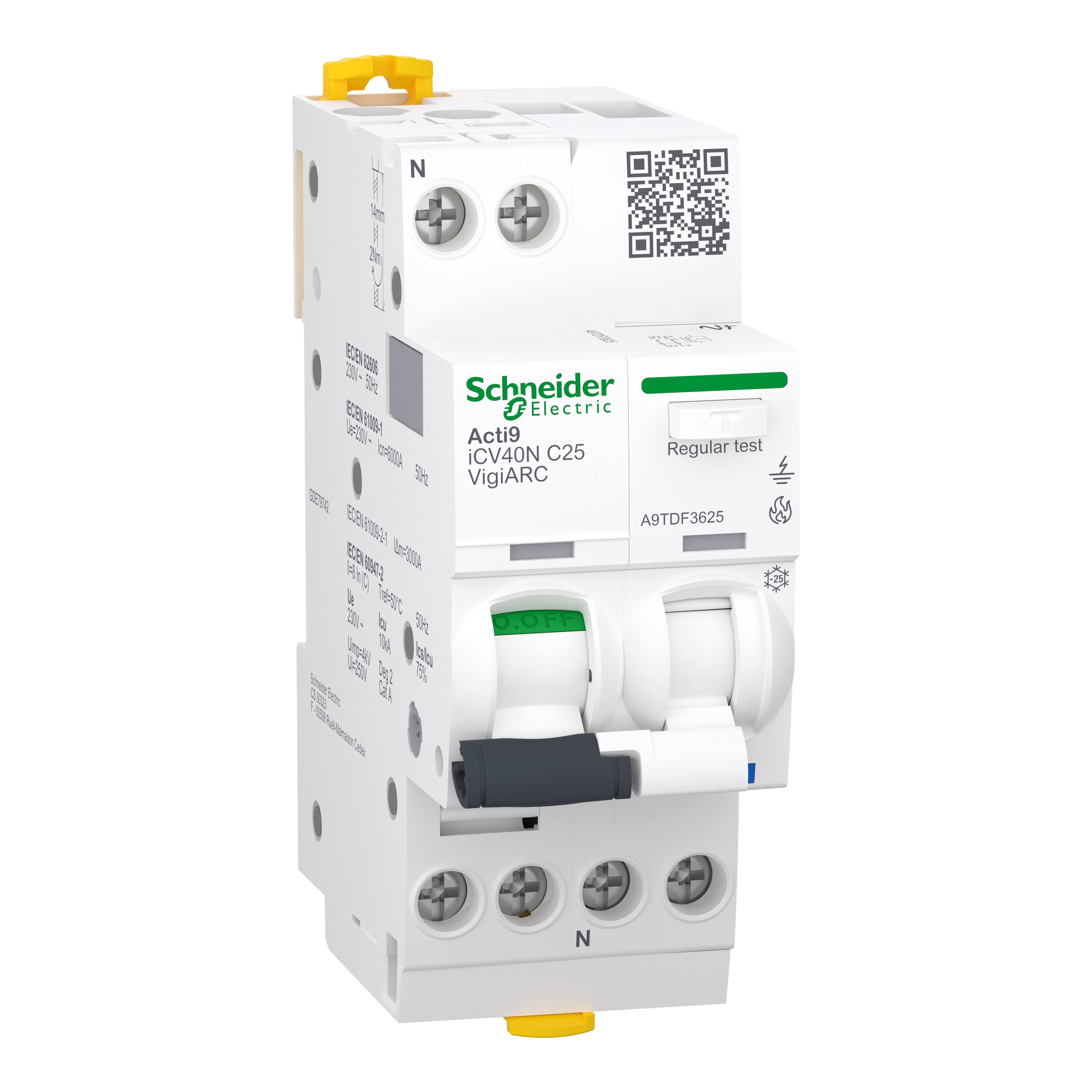 SCHNEIDER ELECTRIC - Interruttore magnetotermico differenziale con protezione AFDD, Acti9 iCV40N VigiARC, 1P+N, 25A, curva C, 30mA, tipo A-SI, 6000A A9TDF3625