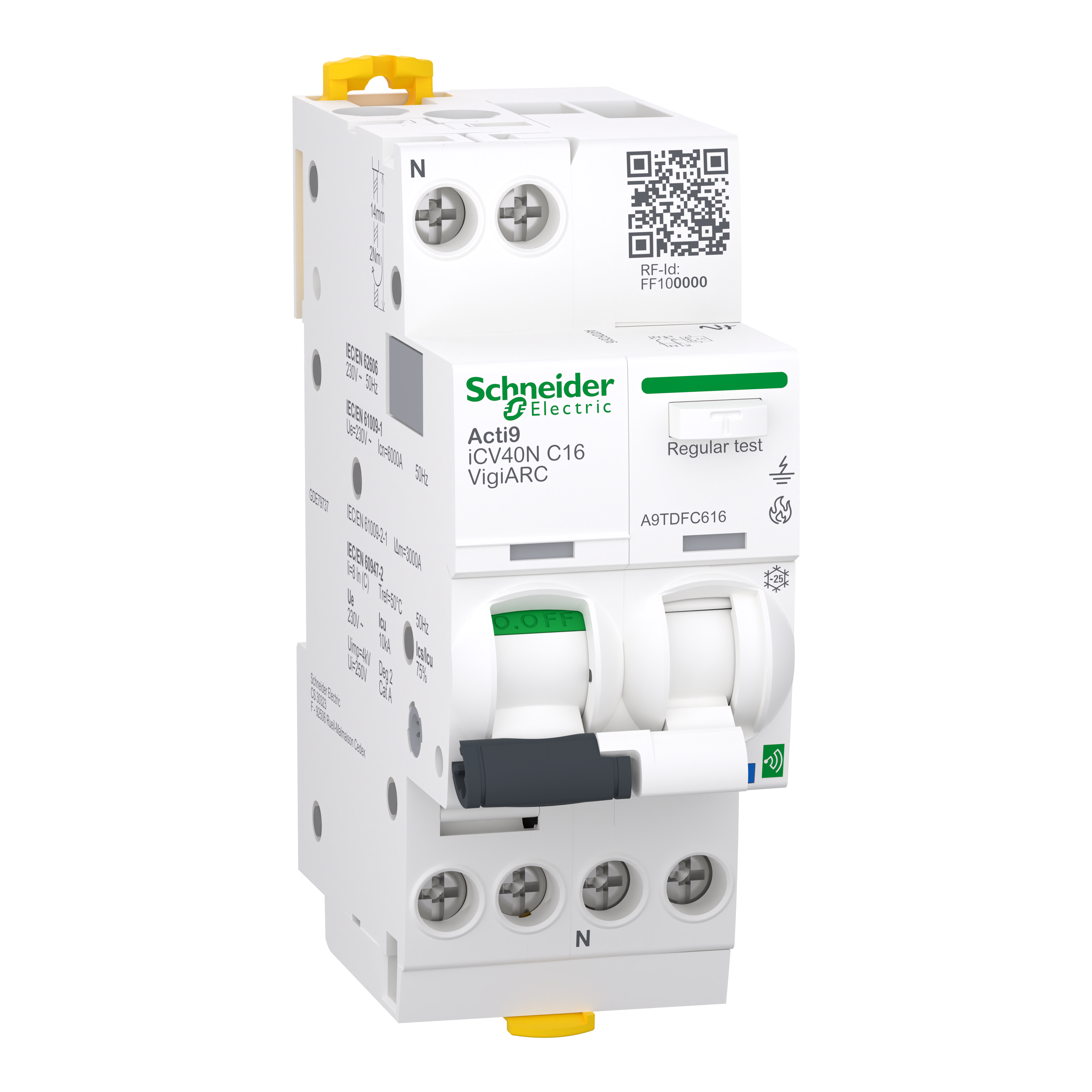 SCHNEIDER ELECTRIC - Interruttore magnetotermico differenziale comunicante con protezione AFDD, Acti9 iCV40N VigiARC, 1P+N, 16A, curva C, 30mA, tipo A-SI, 6000A A9TDFC616