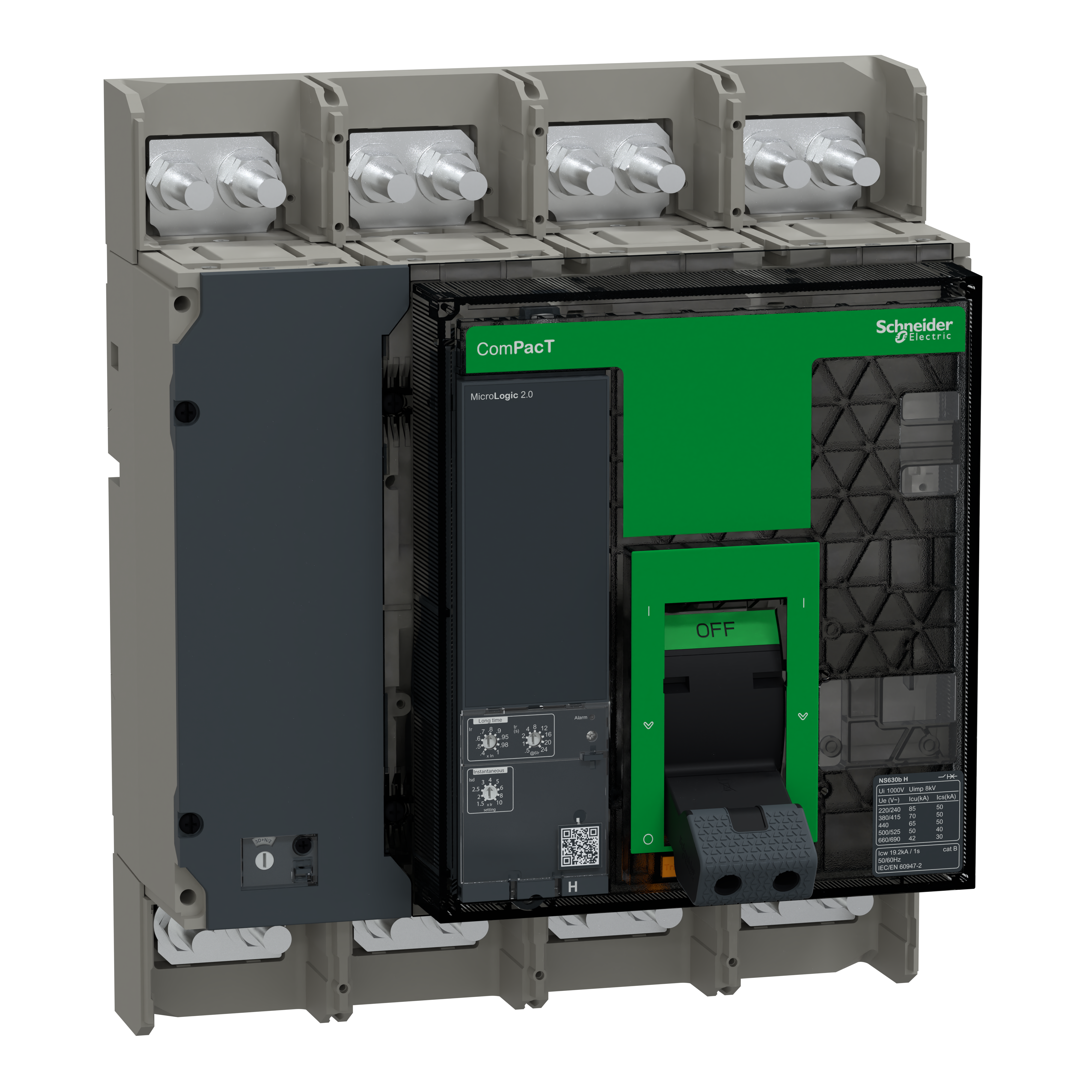 SCHNEIDER ELECTRIC - Interruttore, ComPacT NS630bH, 70kA a 415VAC, 4P, sganciatore MicroLogic 2.0 fisso, a funzionamento manuale, 630A