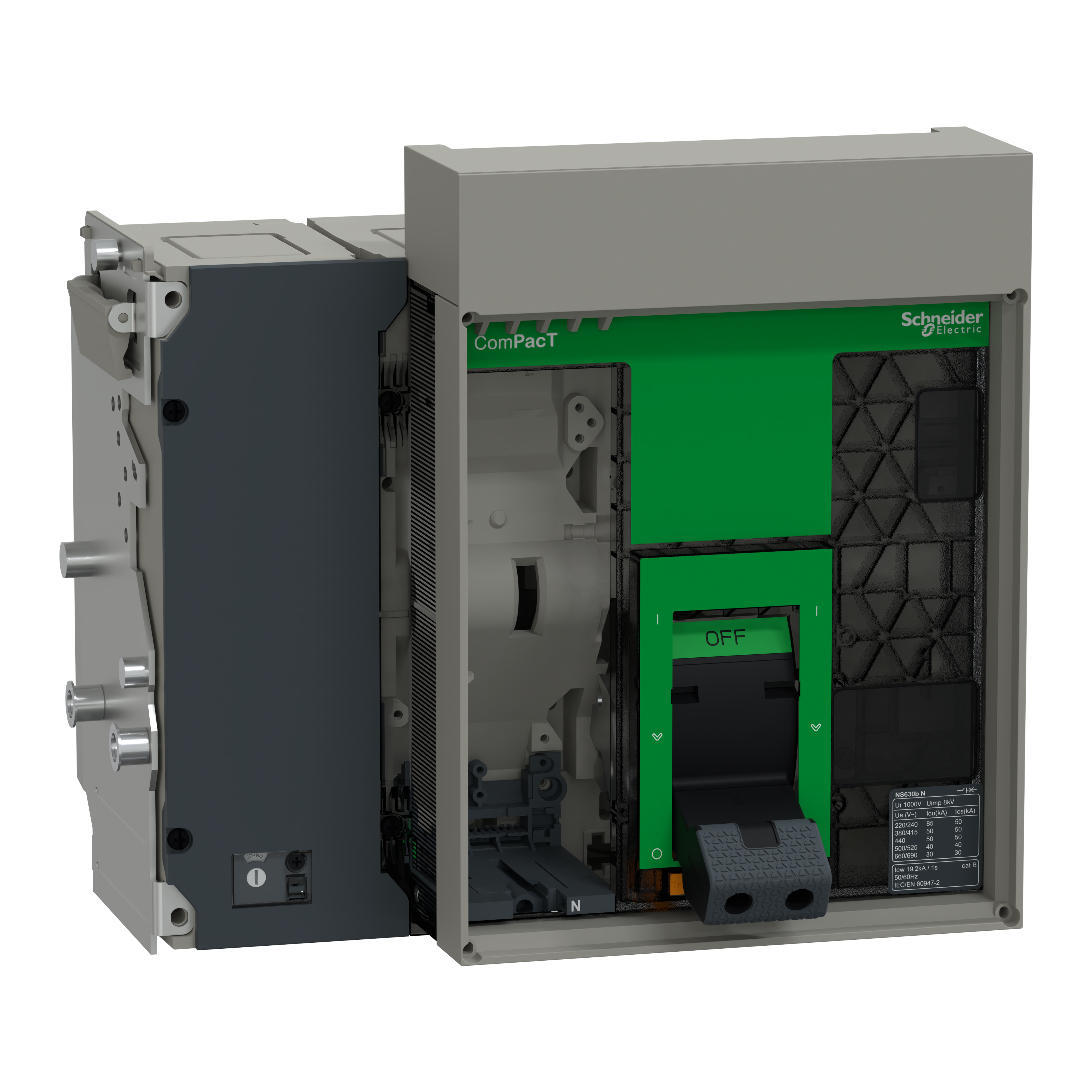 SCHNEIDER ELECTRIC - base interruttore, ComPacT NS630 bN, 50 kA a 415 VAC, 630A, 4P, estraibile, azionato manualmente, senza Sganciatore