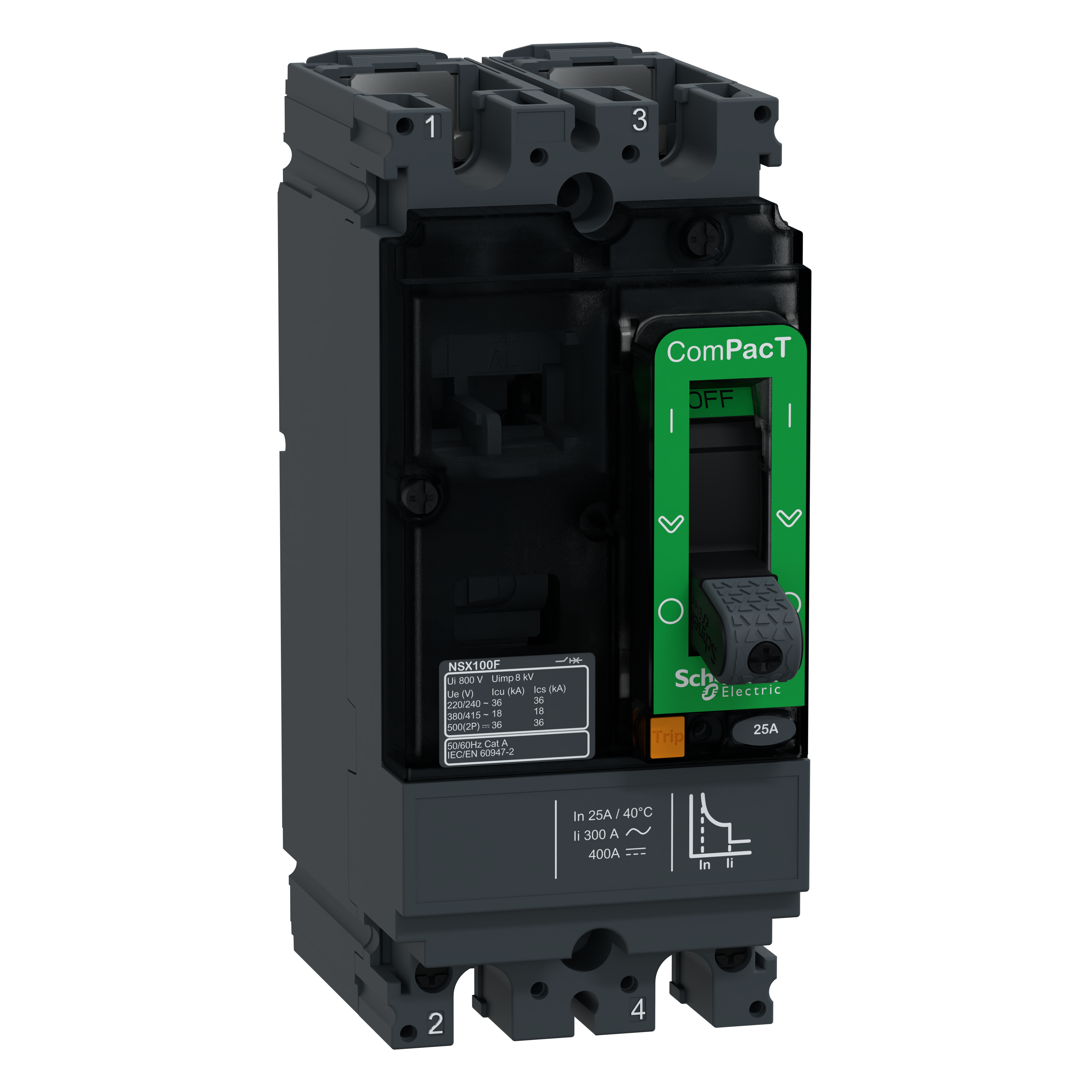 SCHNEIDER ELECTRIC - Interruttore, ComPacT NSX100F AC/DC, 18kA/415VAC, 2 poli, Sganciatore TMD 25A