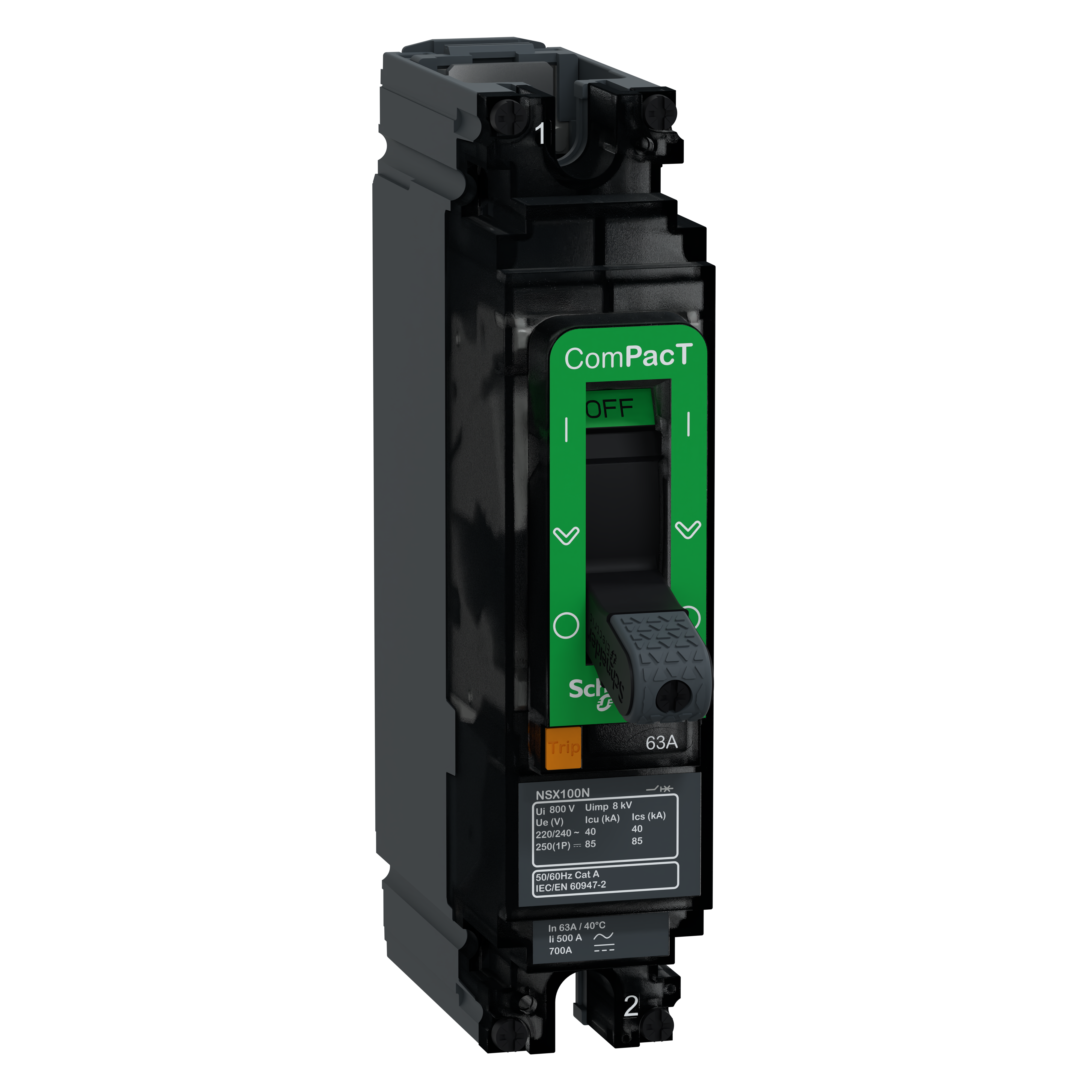 SCHNEIDER ELECTRIC - Interruttore, ComPacT NSX100N AC/DC, 25kA/240VAC, 1 poli, Sganciatore TMD 63A