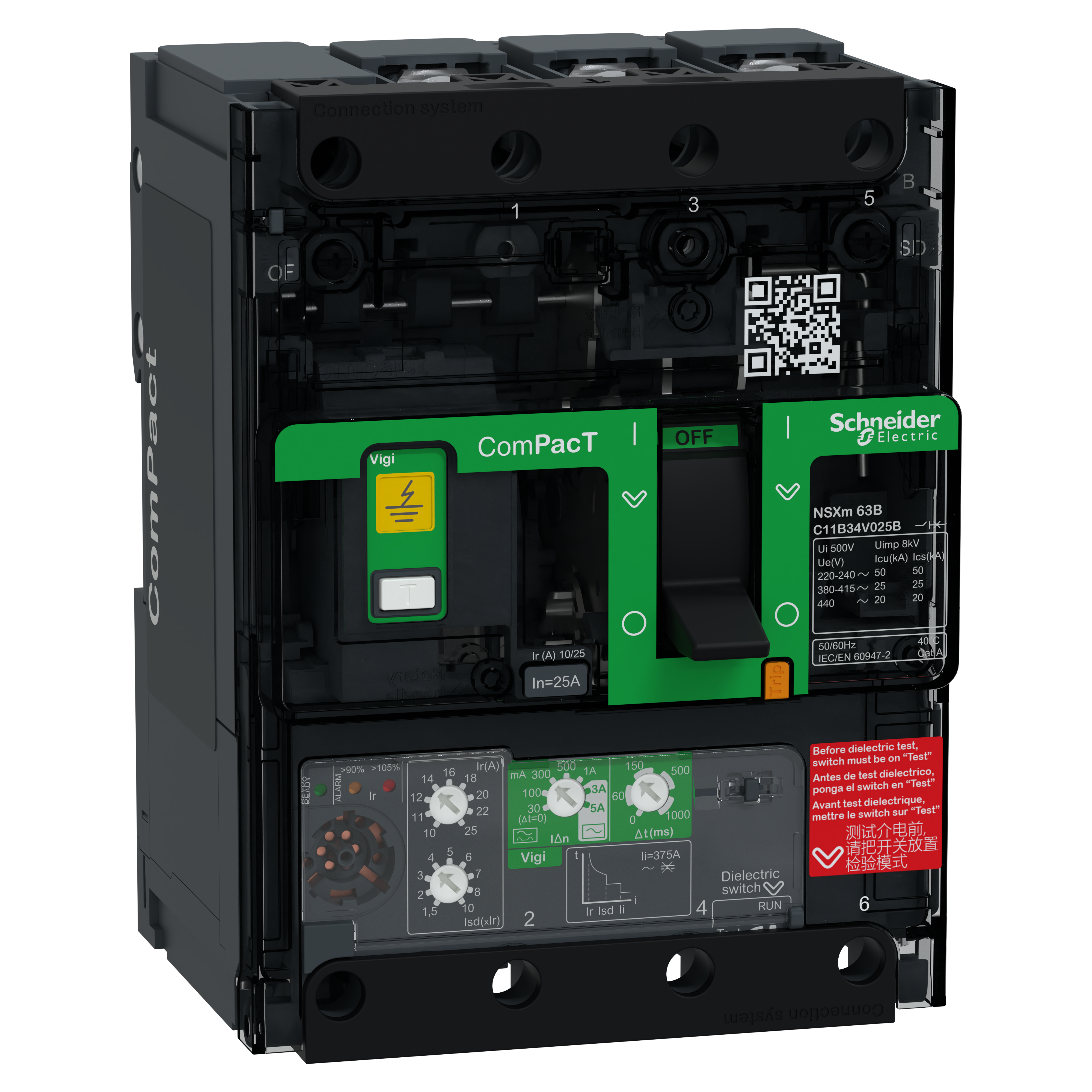 SCHNEIDER ELECTRIC - Interruttore, ComPacT NSXm 100B, 25kA/415VAC, 3 poli, Sganciatore MicroLogic 4.1 25A, busbar/connettori