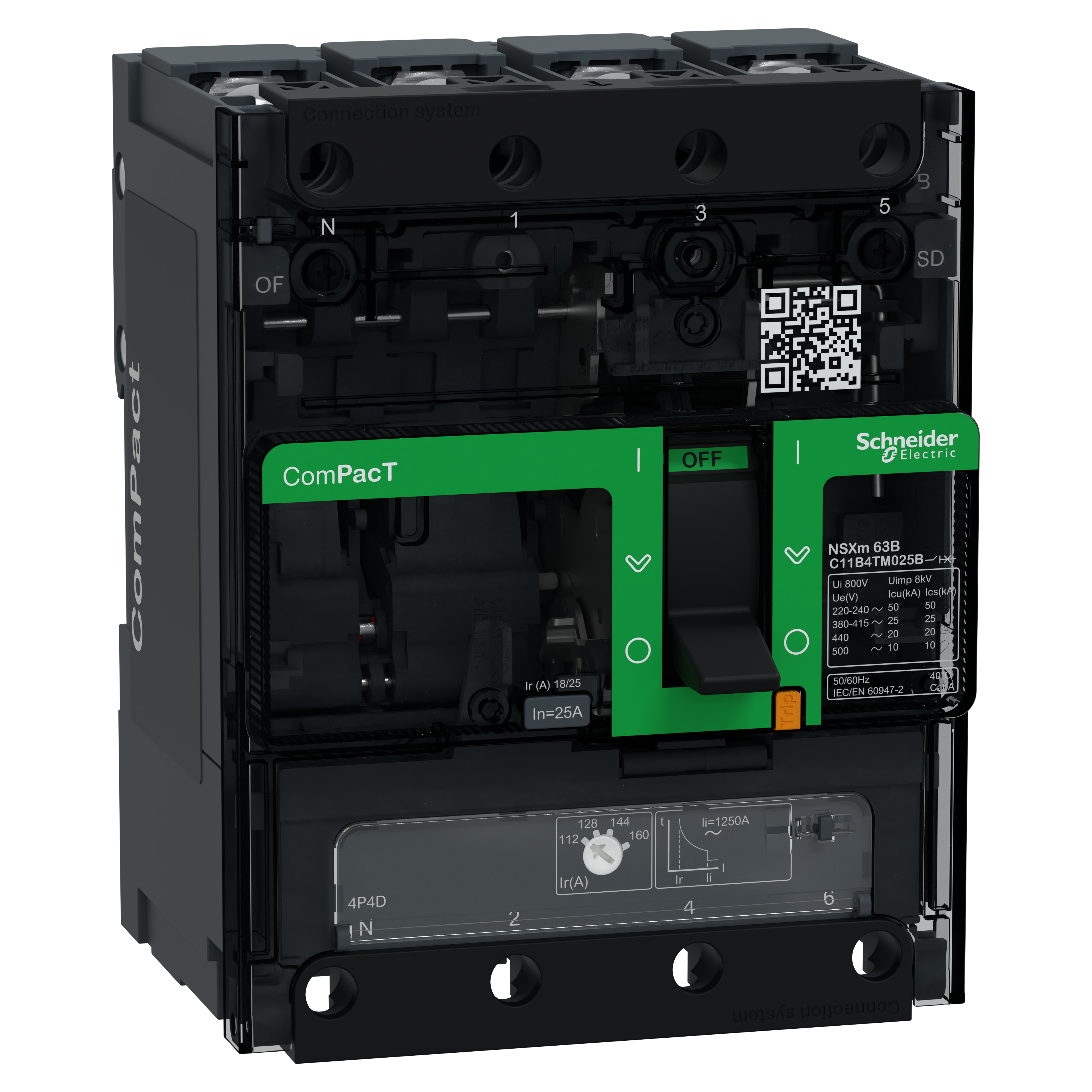 SCHNEIDER ELECTRIC - Interruttore, ComPacT NSXm 100B, 25kA/415VAC, 4 poli 4D (neutro totalmente protetto), Sganciatore TMD&nbsp;25A, busbar/connettori