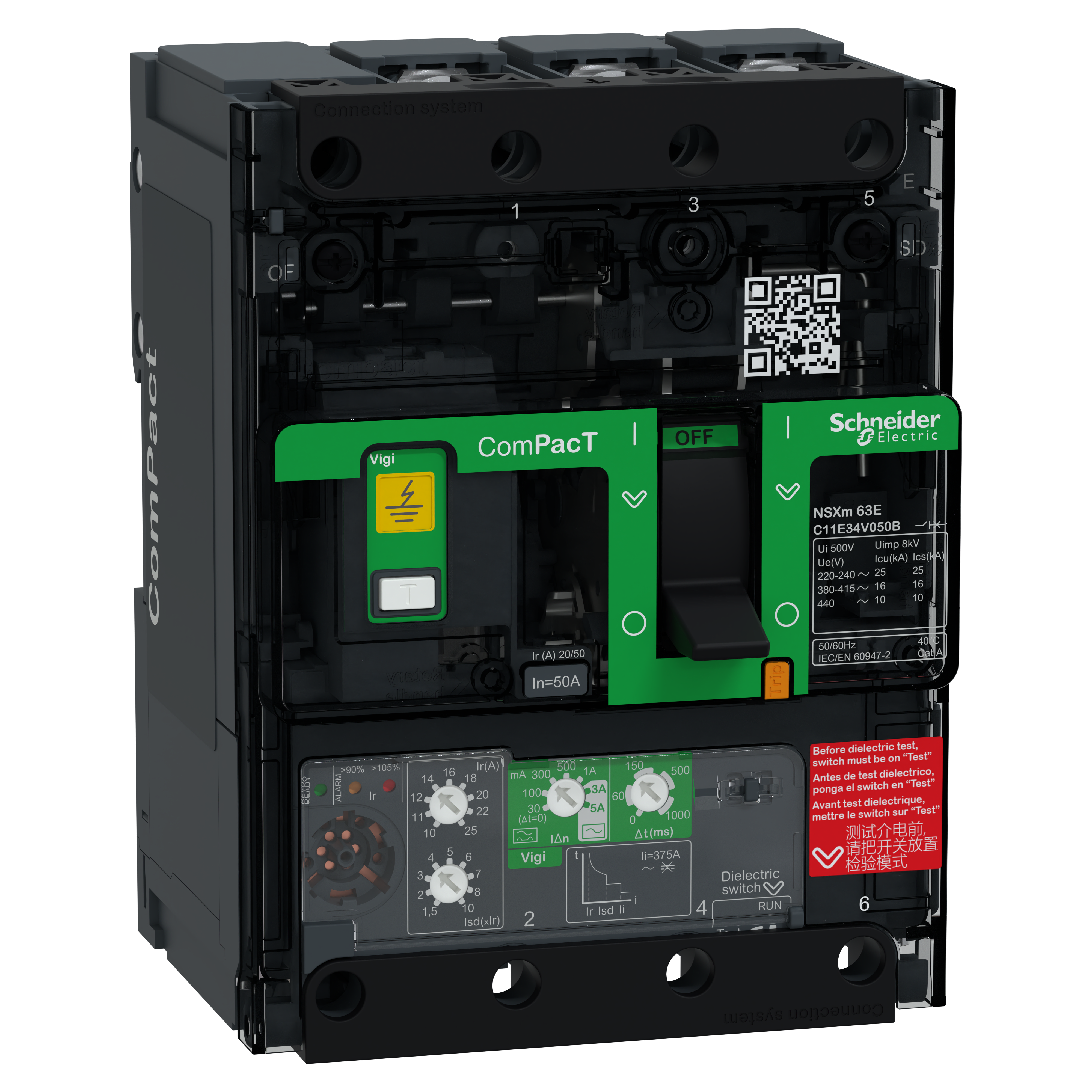 SCHNEIDER ELECTRIC - Interruttore, ComPacT NSXm 100E, 16kA/415VAC, 3 poli, Sganciatore MicroLogic 4.1 50A, connettori/busbar