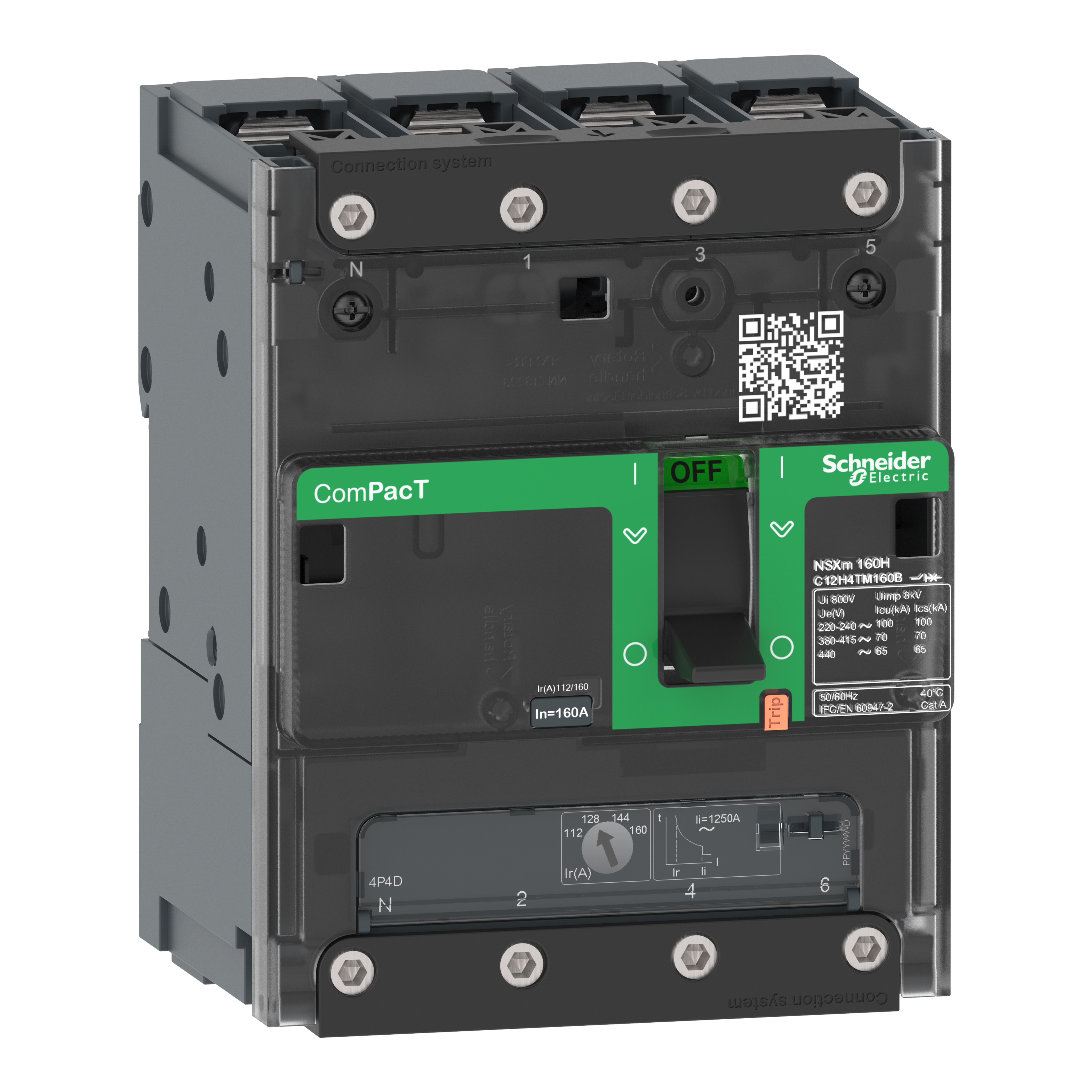 SCHNEIDER ELECTRIC - Interruttore, ComPacT NSXm 100E, 16kA/415VAC, 4 poli 3D (neutro non protetto), Sganciatore TMD 80A, busbar/connettori