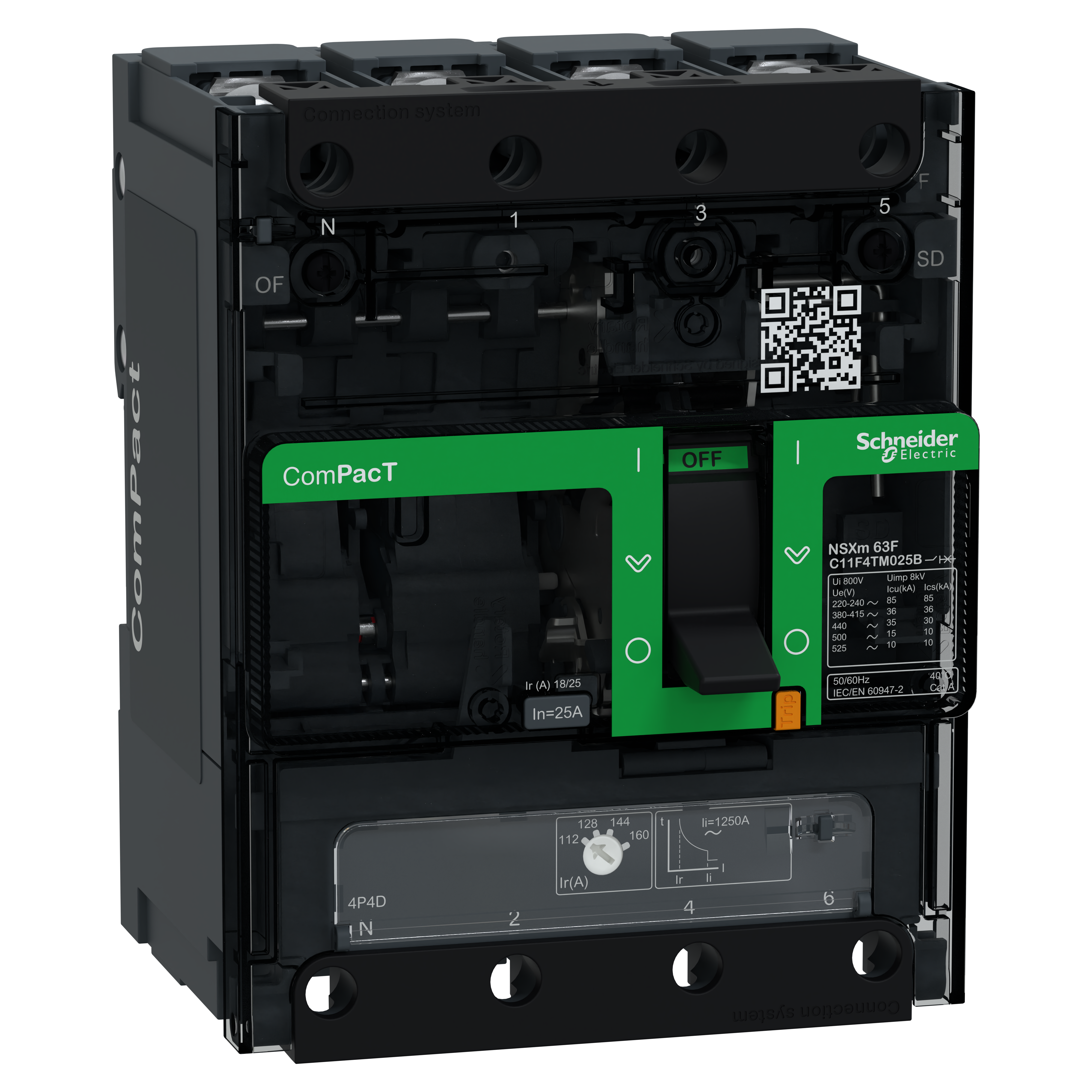 SCHNEIDER ELECTRIC - Interruttore, ComPacT NSXm 100F, 36kA/415VAC, 4 poli 4D (neutro totalmente protetto), Sganciatore TMD 25A, busbar/connettori