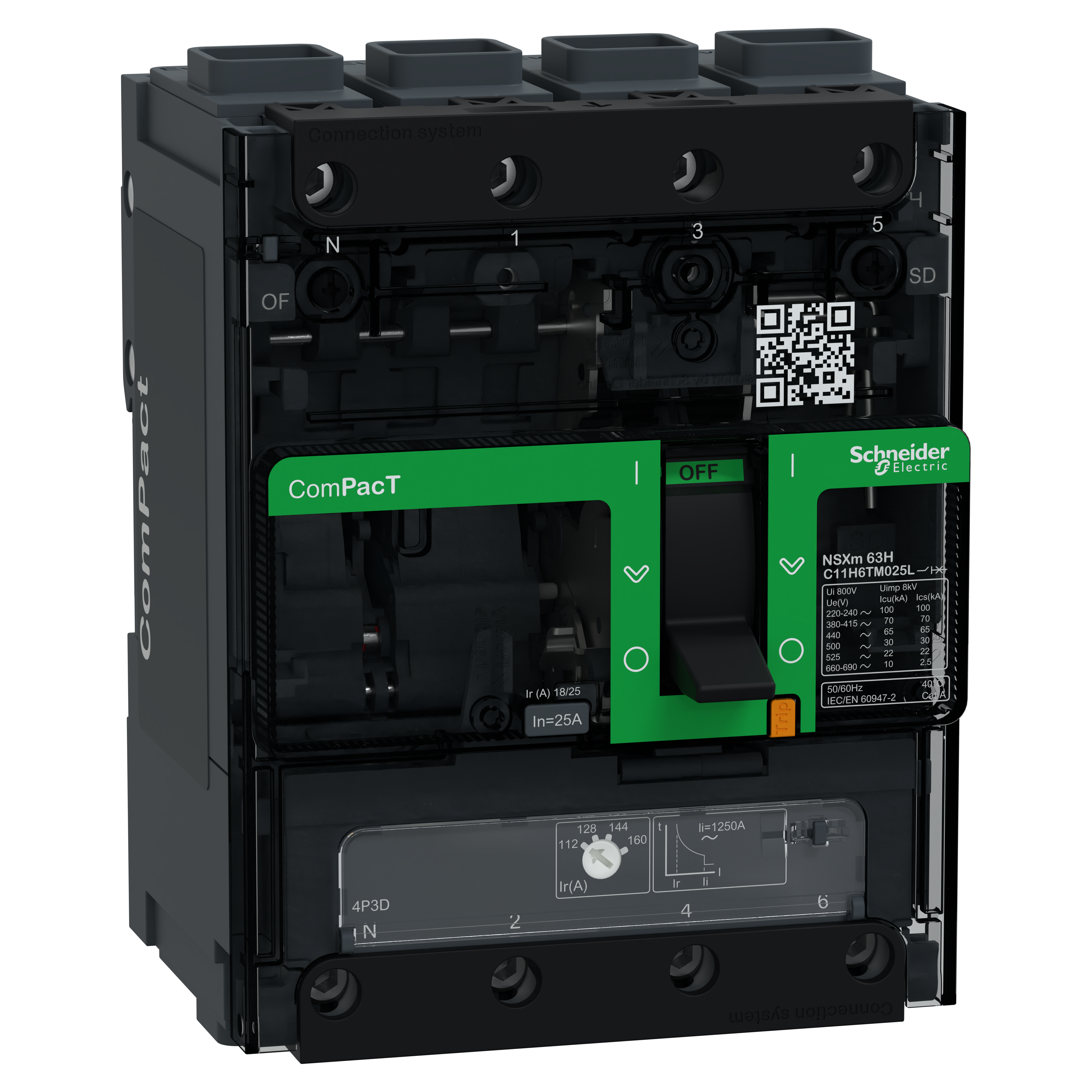 SCHNEIDER ELECTRIC - Interruttore, ComPacT NSXm 100H, 70kA/415VAC, 4 poli 3D (neutro non protetto), Sganciatore TMD 25A, connettori EverLink