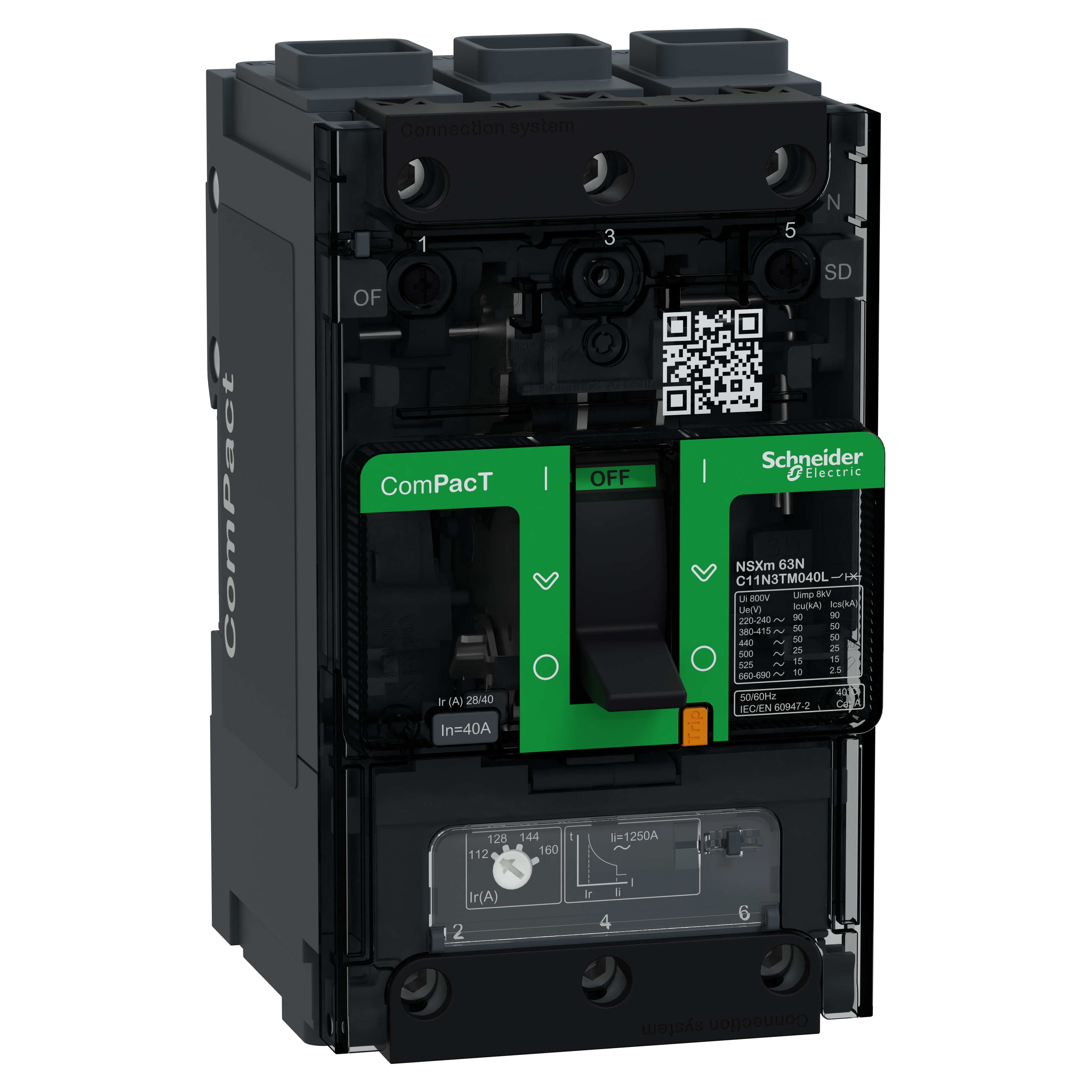 SCHNEIDER ELECTRIC - Interruttore, ComPacT NSXm 100N, 50kA/415VAC, 3 poli, Sganciatore TMD 40A, connettori EverLink