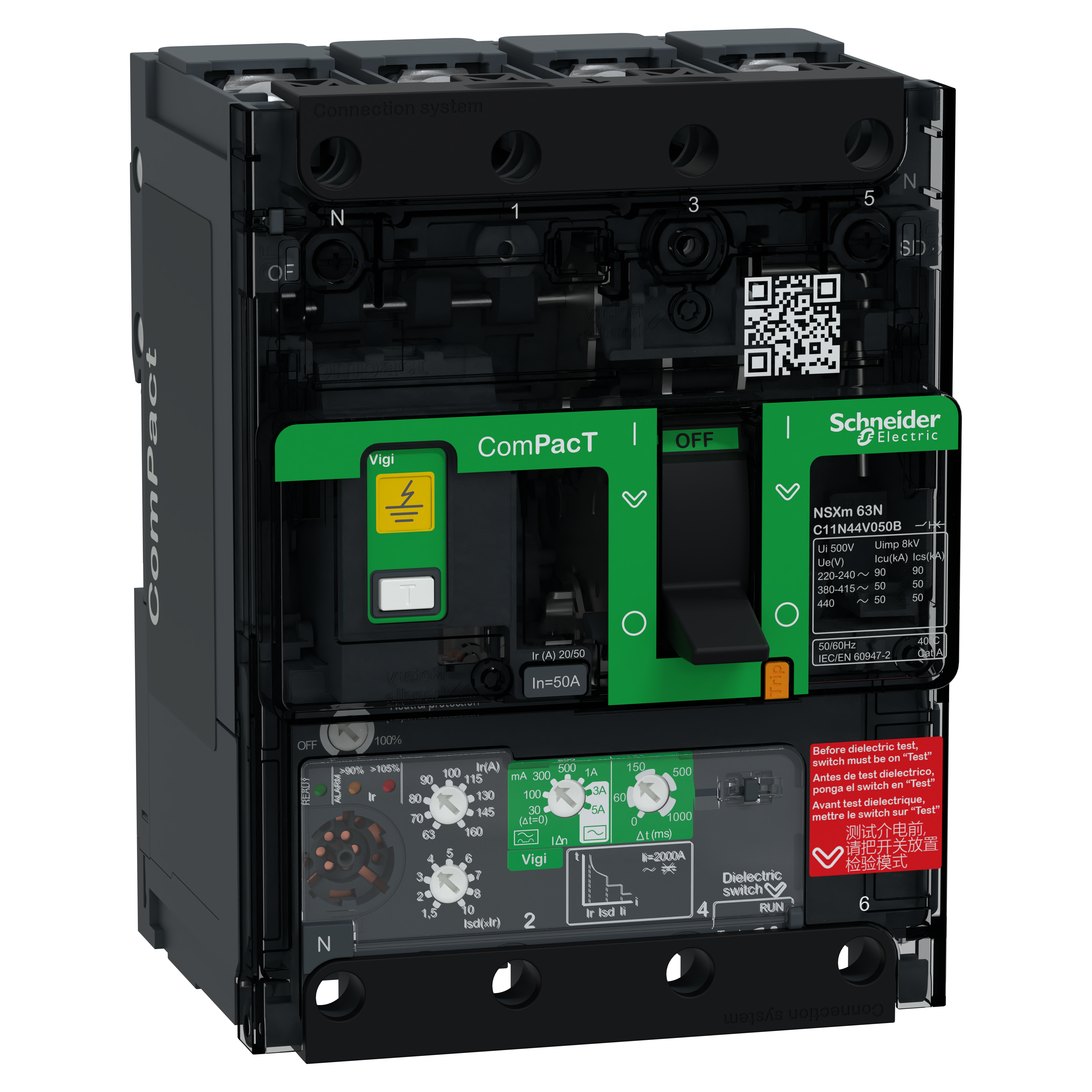 SCHNEIDER ELECTRIC - Interruttore, ComPacT NSXm 100N, 50kA/415VAC, 4 poli, Sganciatore MicroLogic 4.1 50A, busbar/connettori