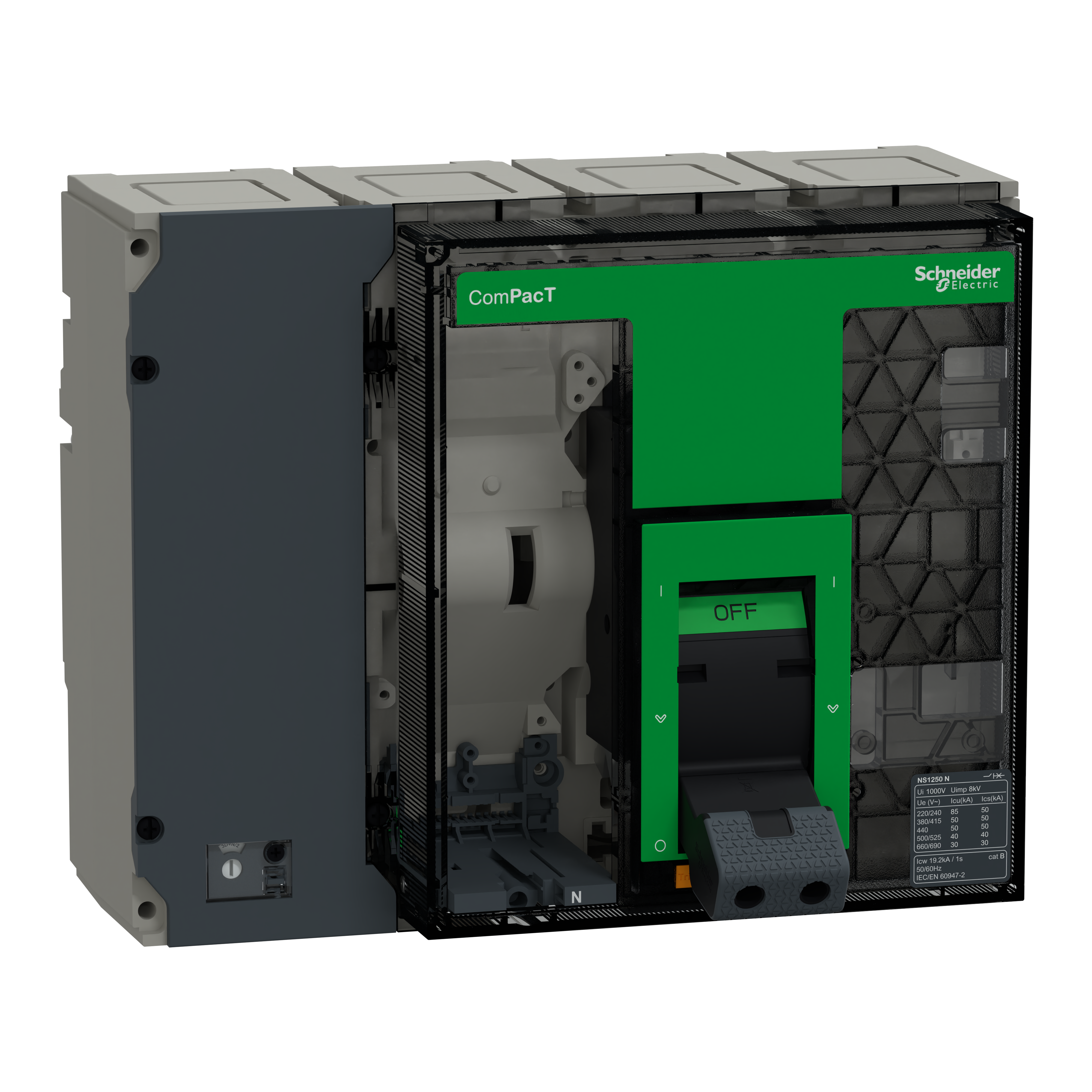 SCHNEIDER ELECTRIC - base interruttore, ComPacT NS1250N, 50 kA a 415 VAC, 1250A, 4P, fisso, azionato manualmente, senza Sganciatore C125N4FM