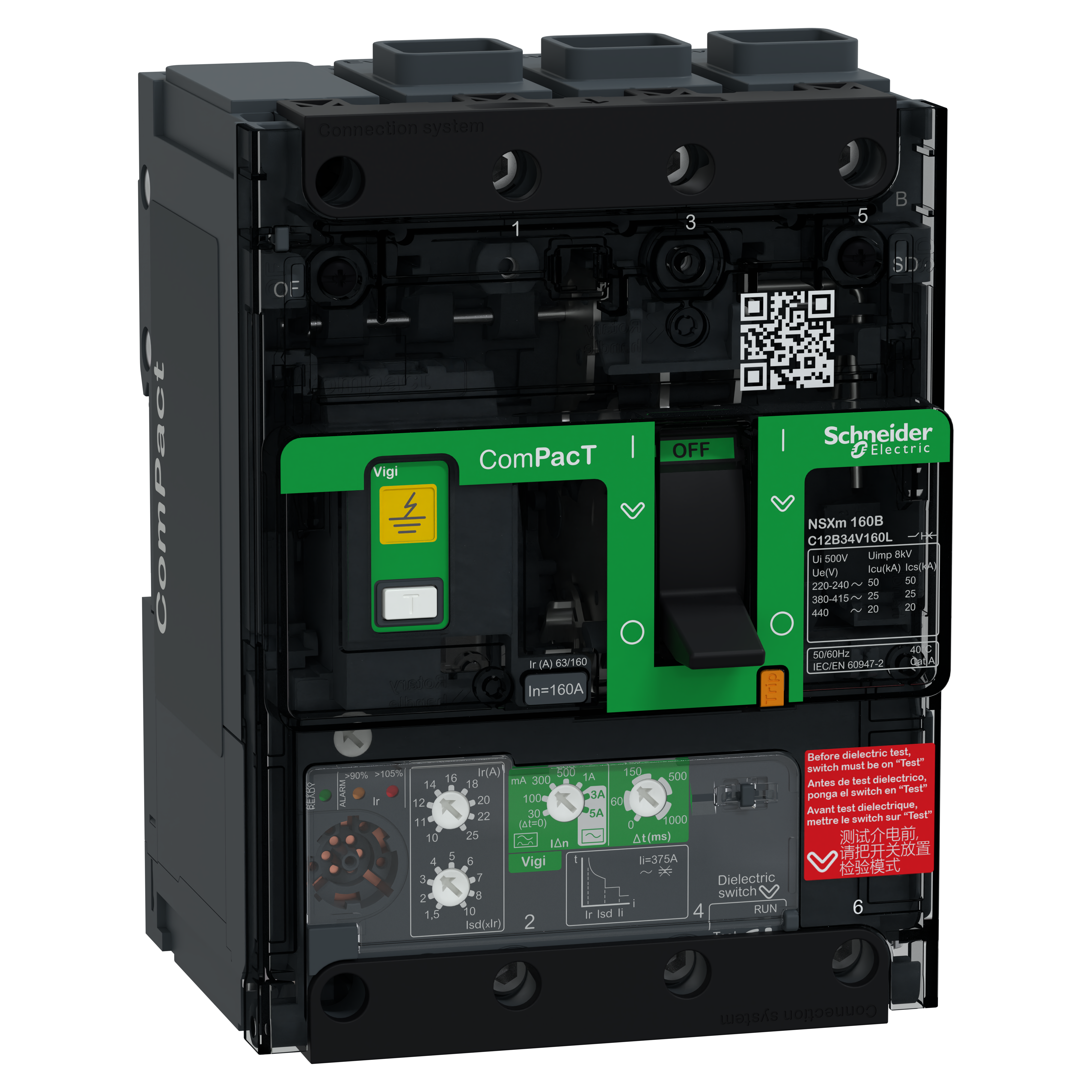 SCHNEIDER ELECTRIC - Interruttore, ComPacT NSXm 160B, 25kA/415VAC, 3 poli, Sganciatore MicroLogic 4.1 160A, connettori EverLink C12B34V160L