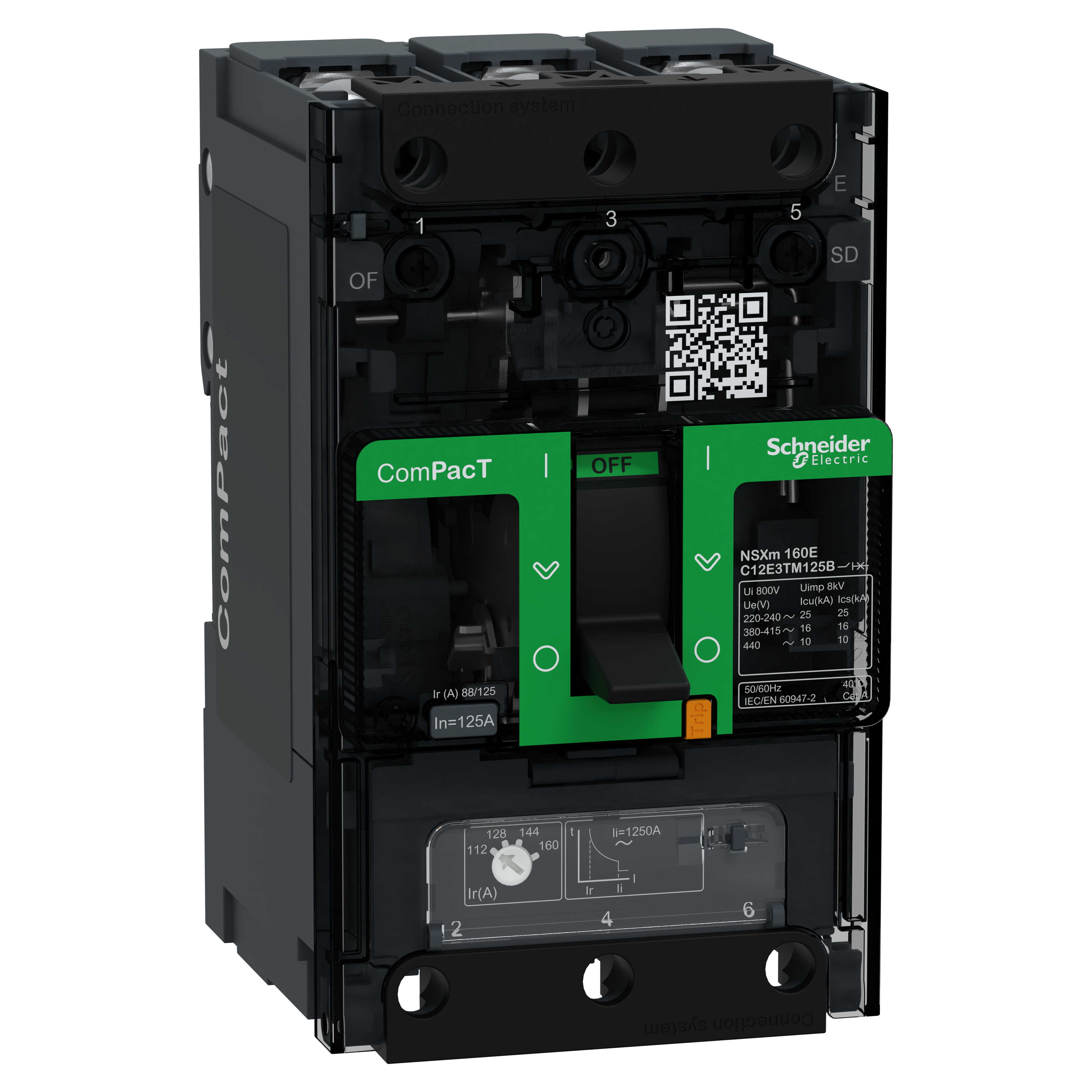 SCHNEIDER ELECTRIC - Interruttore, ComPacT NSXm 160E, 16kA/415VAC, 3 poli, Sganciatore TMD 125A, connettori/busbar